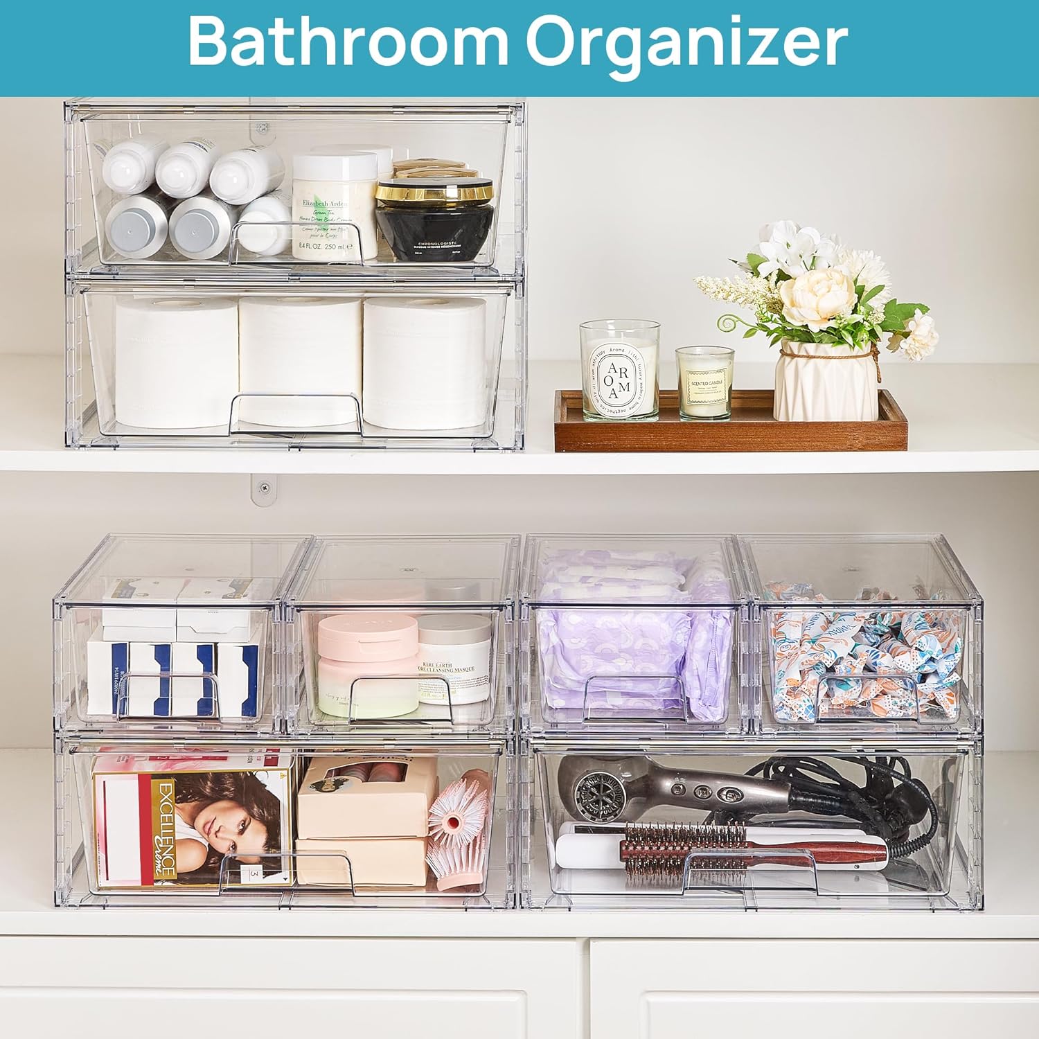 Vtopmart Clear Stackable Storage Drawers Set of 6, Easily Assemble Acrylic Bathroom Undersink Organizers,Plastic Storage Bins for Closet,Cabinet,Pantry,Medicine Organization