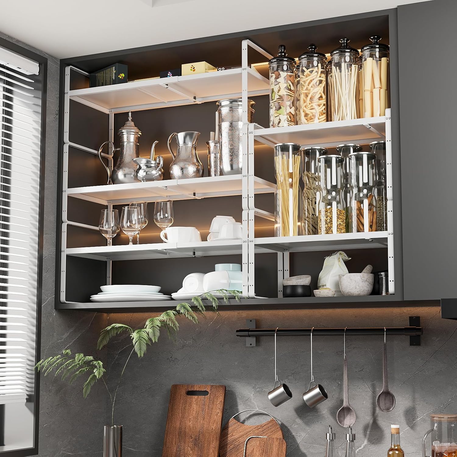 16.5~27.1" Expandable Shelf Organizer, 1Pack 10.2" Wide Stackable Cabinet Shelf Organizers, White Metal Sturdy Kitchen Counter Storage for Countertop, Adjustable Height Spice Rack