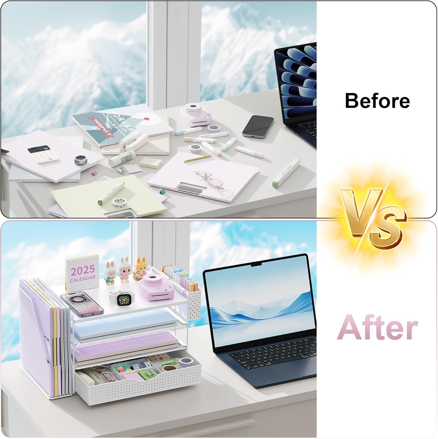 gianotter Wood Desk Organizers and Accessories with File Holder, 4-Tier Desk Accessories & Workspace Organizers with Drawer and Pen Holder, Paper Organizer for Office Supplies (White)