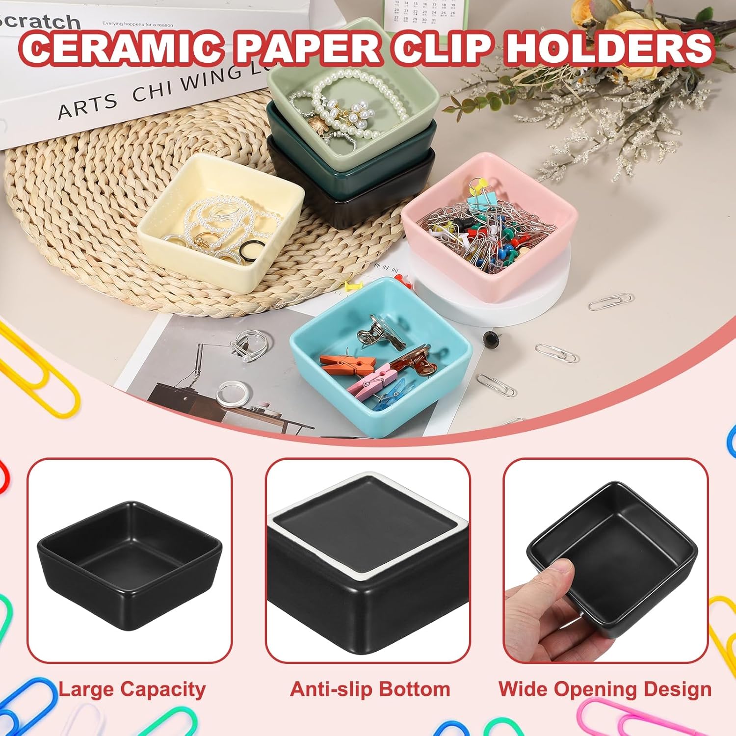 PATIKIL Square Paper Clip Holders, Ceramic Bowl Dish Clip Dispenser Organizer Desk Organizer Accessories for Office Desktop Decor Bobby Pin Binder Paper Clamp, Black