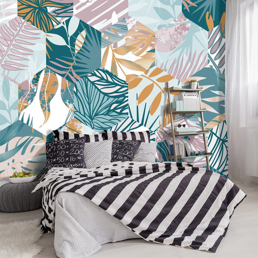 -Abstract Geometry Botanical Banana Leaf Fabric Wallpaper Living Room Bedroom Bathroom Tropical Plant Leaf Large Wall Mural- 137"x96"（ not Peel and Stick）