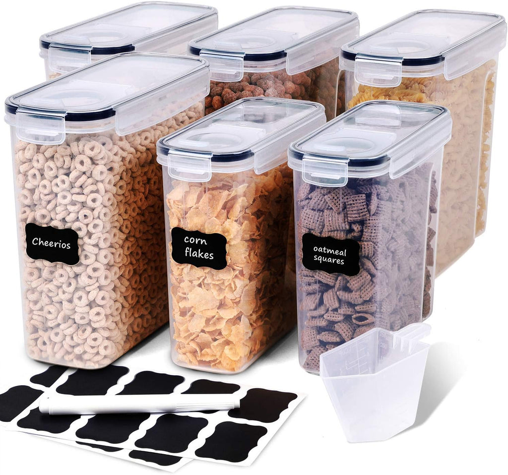 Cereal Containers Storage Set - 6 Piece Airtight Large Dry Cereal Storage Containers(4 * 4L+2 * 2.5L), BPA Free Dispenser Plastic Cereal Storage Containers with 16 Labels & Pen