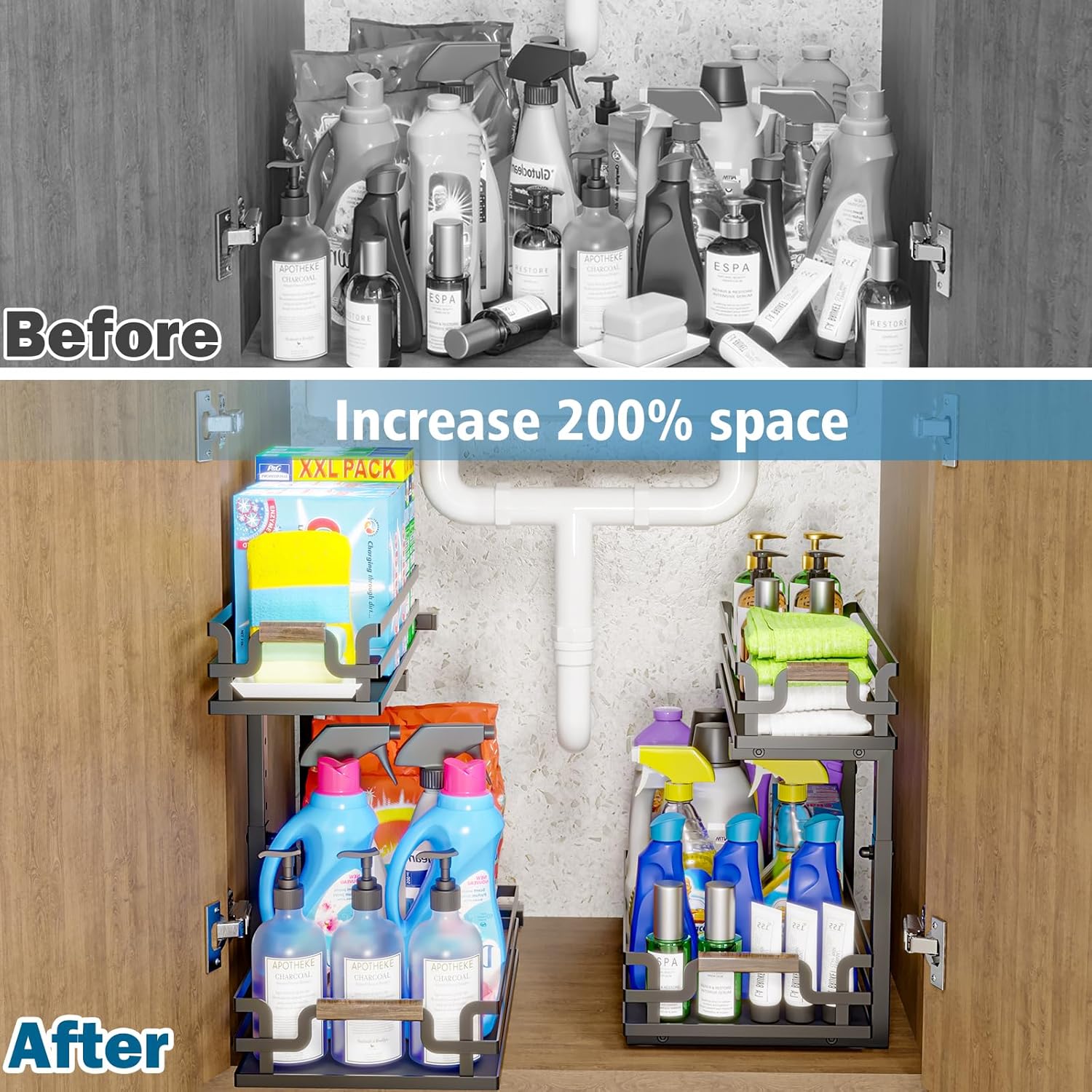 Under Sink Organizer, 2 Tier Slide Out Storage for Bathroom Kitchen (2 Pack)