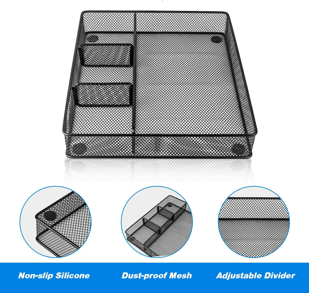 Desk Drawer Organizer Tray, Metal Mesh Drawer Organizers Office, 4 Grid with Adjustable Compartment, Desk Organizer Tray for Home Office 12x10.6x1.9 inch Black, 2 Pack