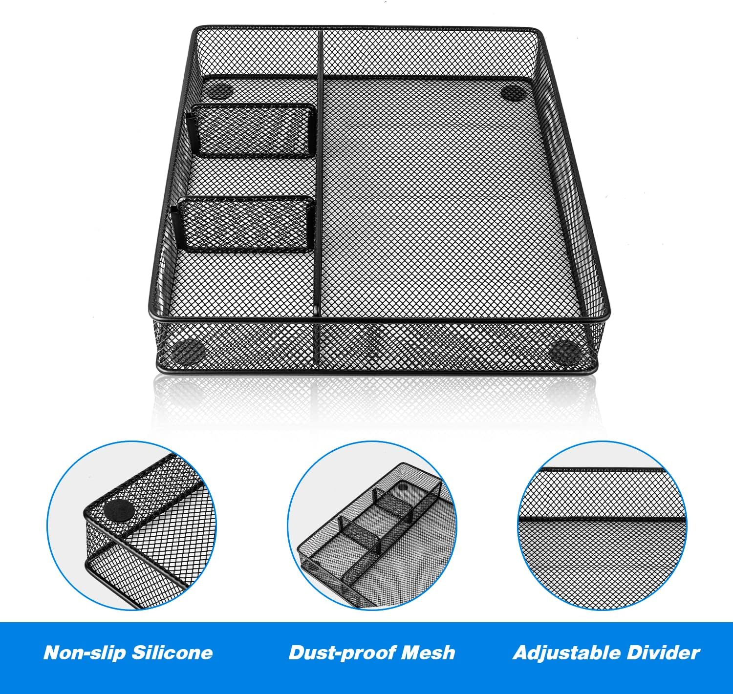 Desk Drawer Organizer Tray, Metal Mesh Drawer Organizers Office, 4 Grid with Adjustable Compartment, Desk Organizer Tray for Home Office 12x10.6x1.9 inch Black, 2 Pack