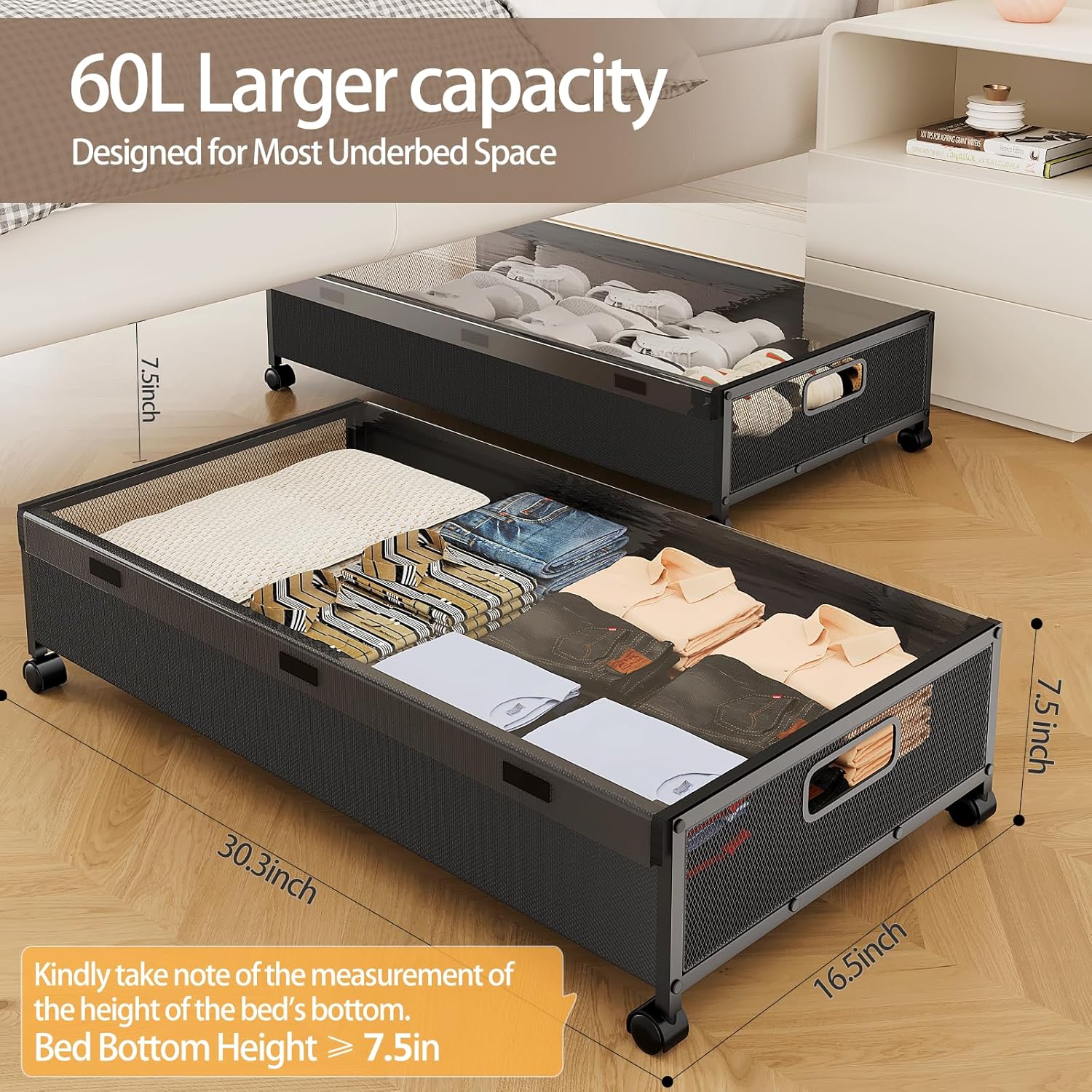 Under Bed Storage Containers with Wheels, 2 Pack Underbed Shoe Storage Organizer with Removable Lids, Large Rolling Under Bed Storage Dresser Drawers for Clothes Toys Shoes Blankets