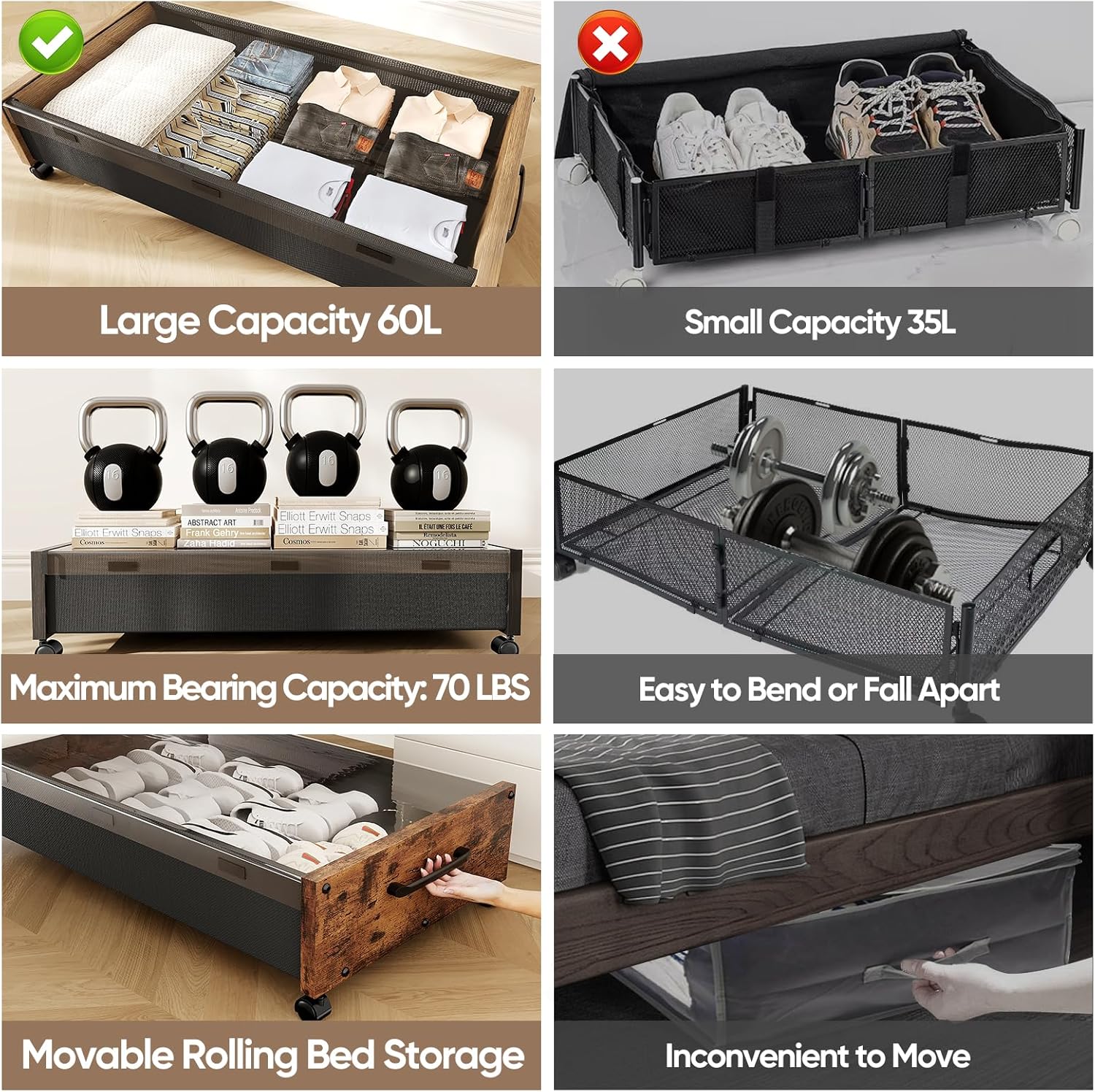 Wooden Under Bed Storage with Wheels, Rolling Under the Bed Storage Bins with Removable Lid, Metal Under Bed Drawers for Clothes and Shoes in Bedroom or Living Room(Walnut Brown-1pack)