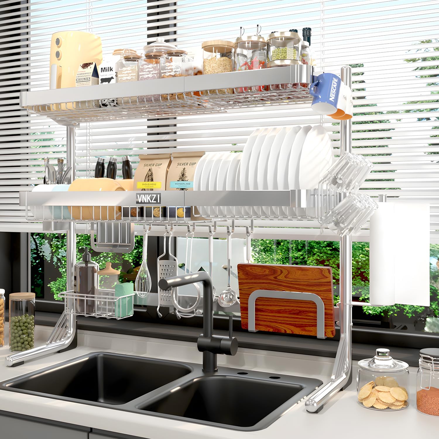 VNKZI Over Sink Dish Drying Rack, 3 Tier Full Stainless Steel Storage Adjustable Length (25.98'' to 36.61'') Kitchen Rack, Multifunctional Expandable Counter Organizer, Space Saver Dish Rack