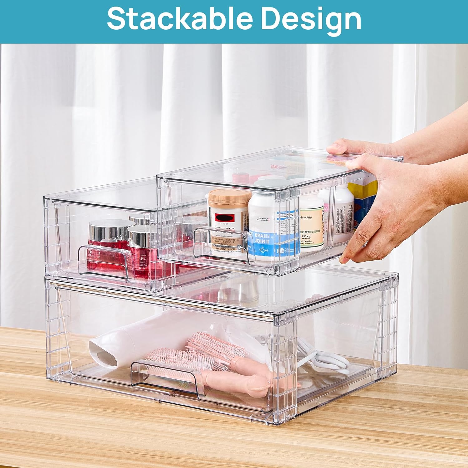 Vtopmart Clear Stackable Storage Drawers Set of 6, Easily Assemble Acrylic Bathroom Undersink Organizers,Plastic Storage Bins for Closet,Cabinet,Pantry,Medicine Organization