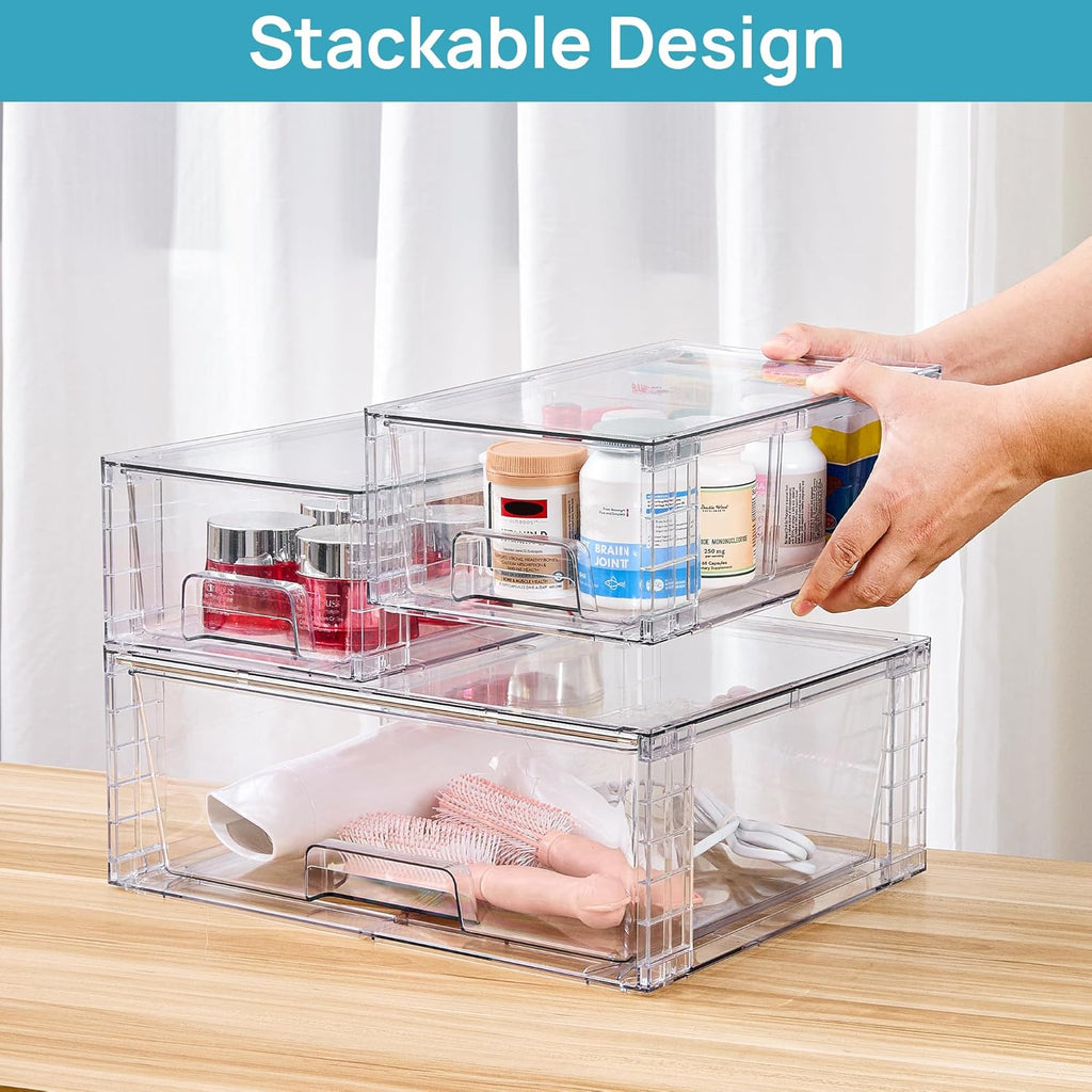 Vtopmart 3 Pack Stackable Storage Drawers, Easily Assemble Acrylic Bathroom Undersink Organizers,Clear Plastic Storage Bins for Closet,Cabinet,Pantry,Medicine Organization