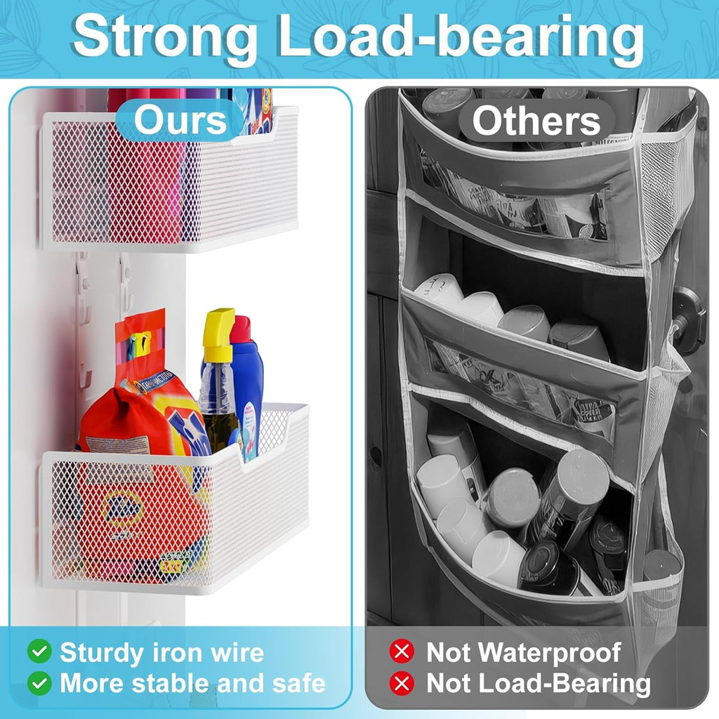 Adjustable Over The Door Organizer, Hanging Door Storage with PVC Pocket and 4 Metal Baskets Wall Mount, Closet Door Organizer Behind Door Rack for Bathroom Bedroom Closet, White