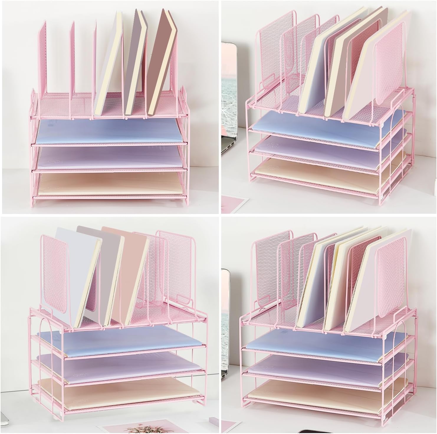 Desk Organizers and Accessories, 3-Tier Paper Organizer with 5 Vertical File Holders, File Organizer for Desk (Pink, 3T)