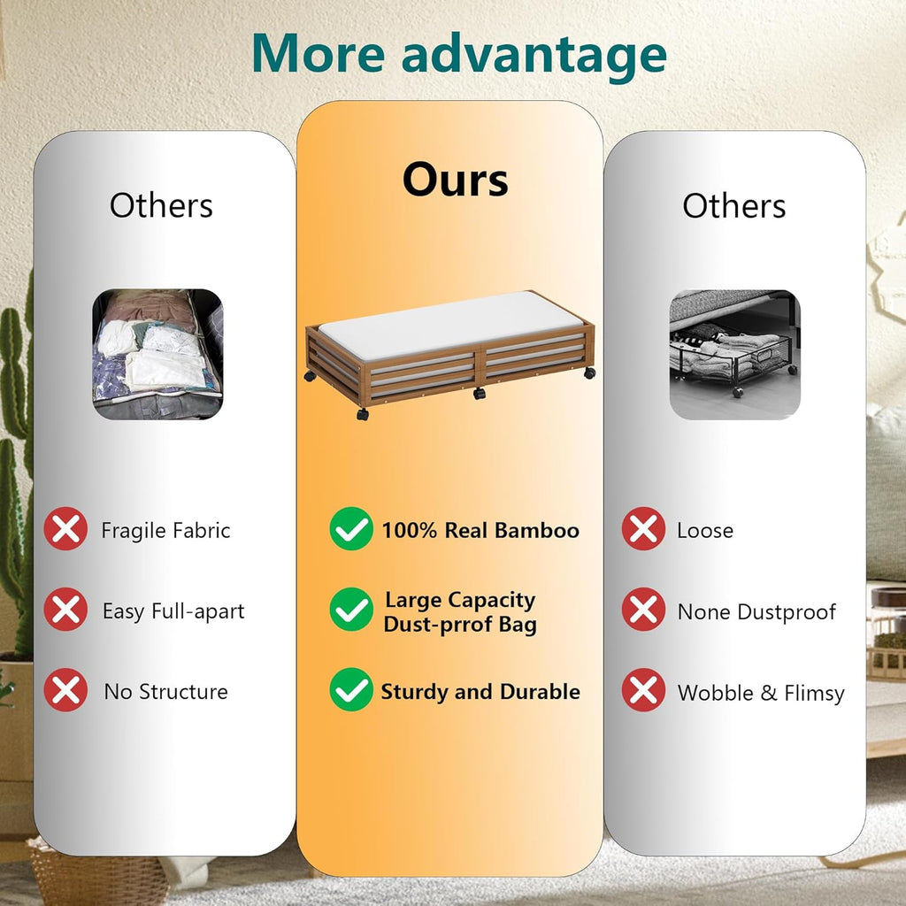Bamboo Under Bed Storage Containers- Underbed Organizer with Wheels with Large Dust Bag,Sturdy Wood Rolling Under the Bed Shoe Storage Organizer Drawer 2 Packs (Walnut, Long)