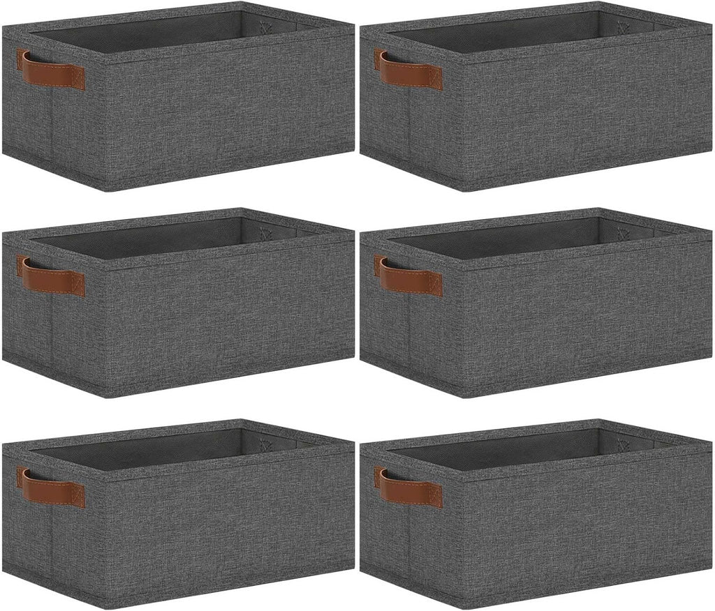 GhvyenntteS Small Fabric Storage Bins 6 Pack, 11.8" x 7.87" x 5.11" Storage Basket with Leather Handles, Closet Storage Bins for Shelves, Storage Baskets for Shelves, DVD Storage (Grey)