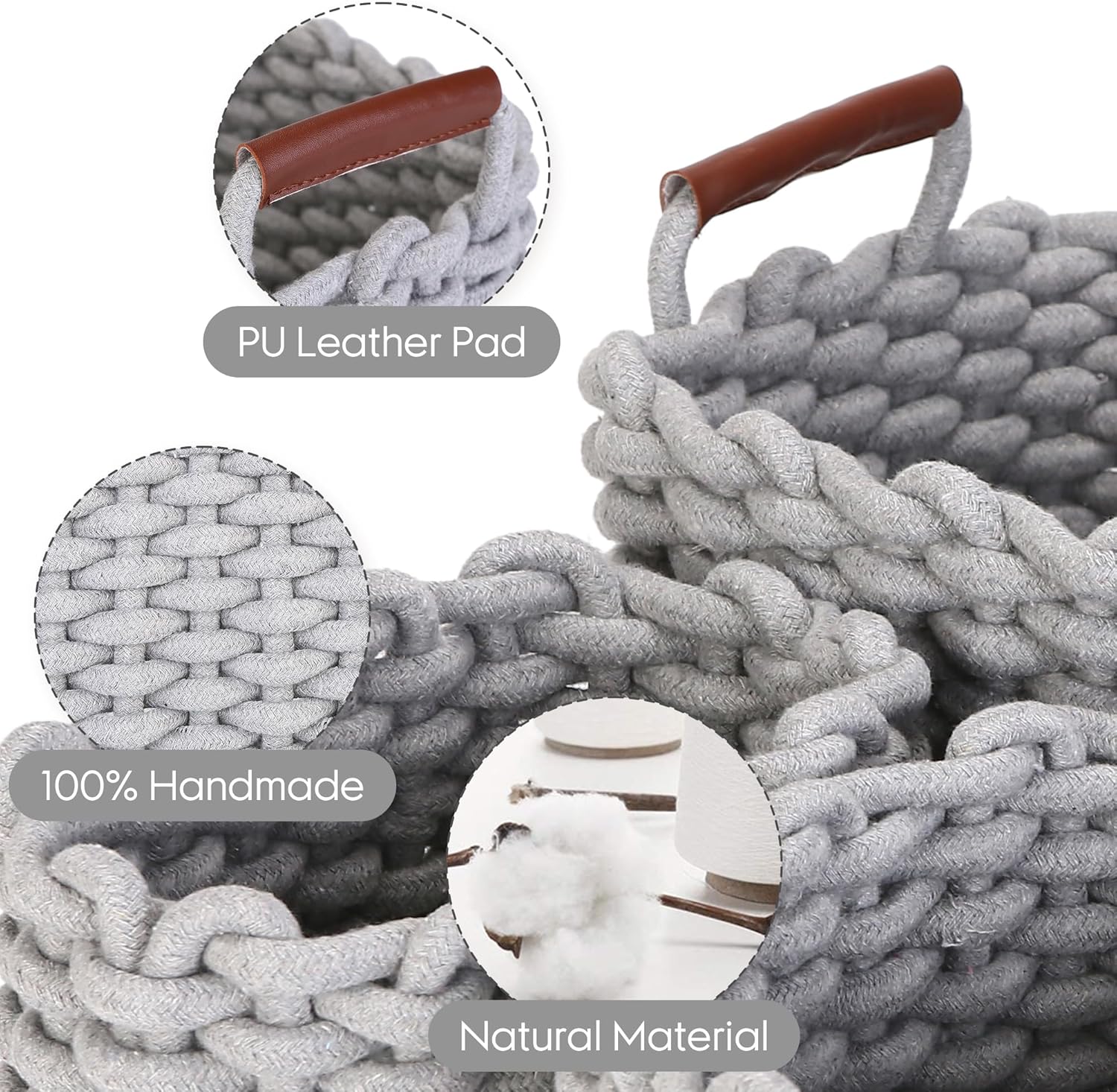 Sea Team 3-Pack Rectangle Woven Cotton Rope Storage Baskets with Handles, Shelf Basket, Closet Organizers, 3-in-1, Gray