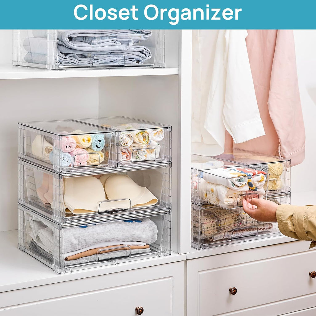 Vtopmart 3 Pack Stackable Storage Drawers, Easily Assemble Acrylic Bathroom Undersink Organizers,Clear Plastic Storage Bins for Closet,Cabinet,Pantry,Medicine Organization