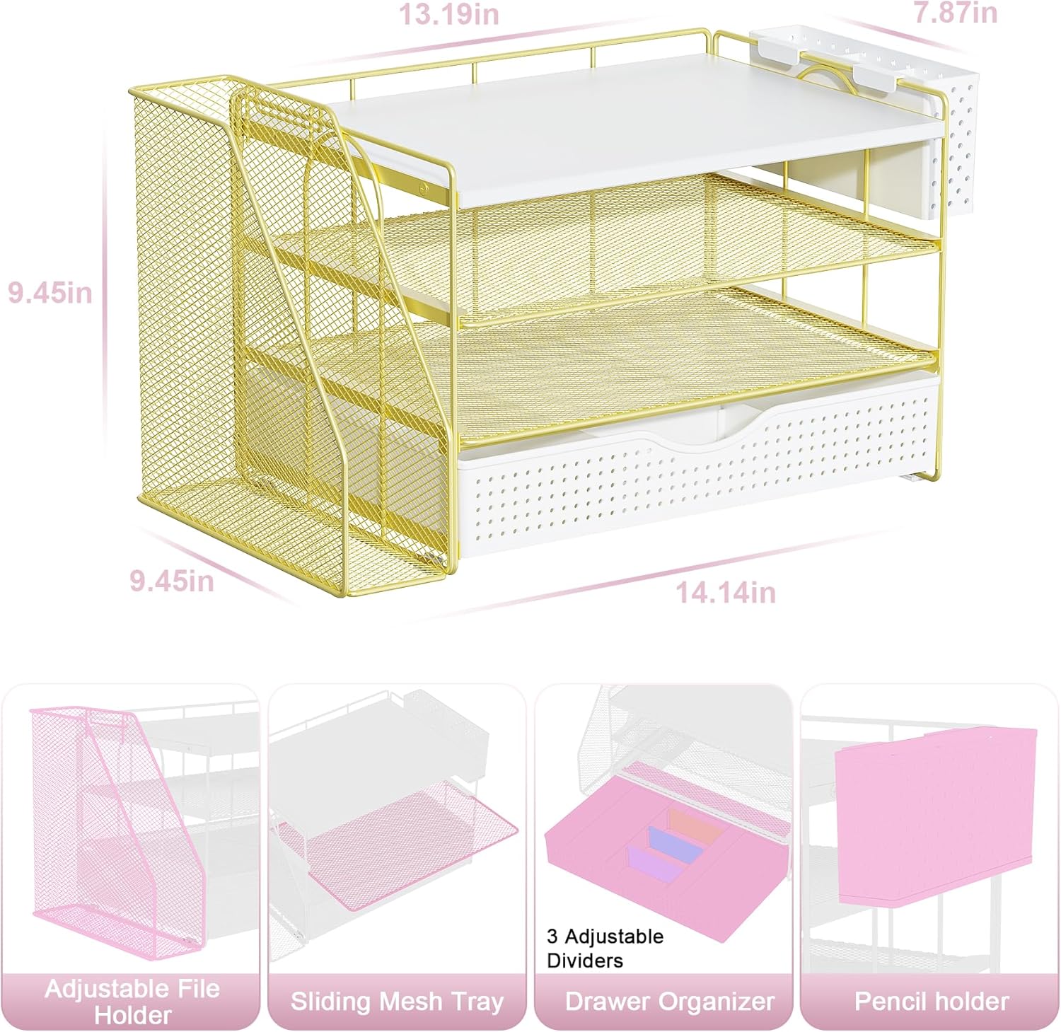 gianotter Wood Desk Organizers and Accessories with File Holder, 4-Tier Desk Accessories & Workspace Organizers with Drawer and Pen Holder, Paper Organizer for Office Supplies (Gold)