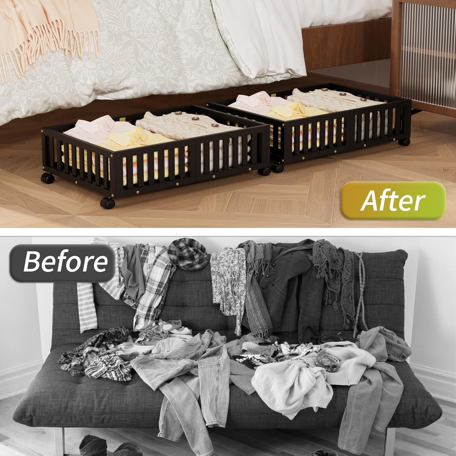 Bamboo Under Bed Storage with Wheels (2-Pack) – Rolling Underbed Shoe Organizer Box for Shoes, Blankets, Toys, Clothes Container Space-Saving Organizer Bins for Bedroom, Closet, Dorm, Nursery