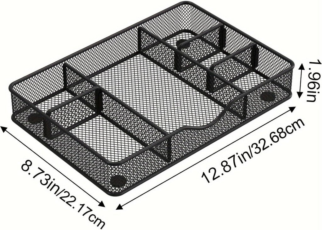 Desk Drawer Organizer Tray, Metal Mesh Drawer Organizers Office, 6 Adjustable Compartment, Desk Organizer Tray for Home Office 12.87L x 8.73D x 1.96H inch, Black, 1PC Medium