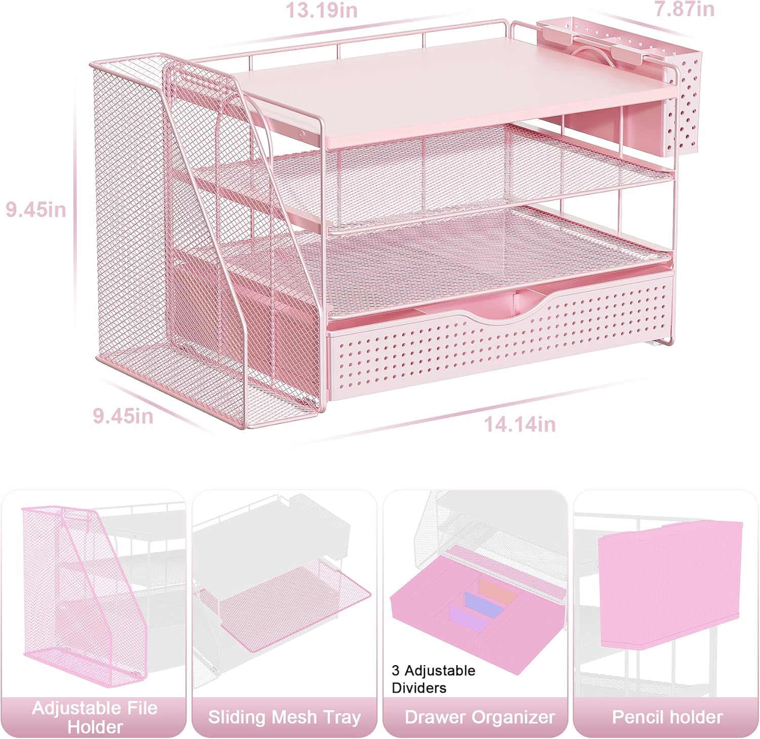 gianotter Wood Desk Organizers and Accessories with File Holder, 4-Tier Desk Accessories & Workspace Organizers with Drawer and Pen Holder, Paper Organizer for Office Supplies (Pink)