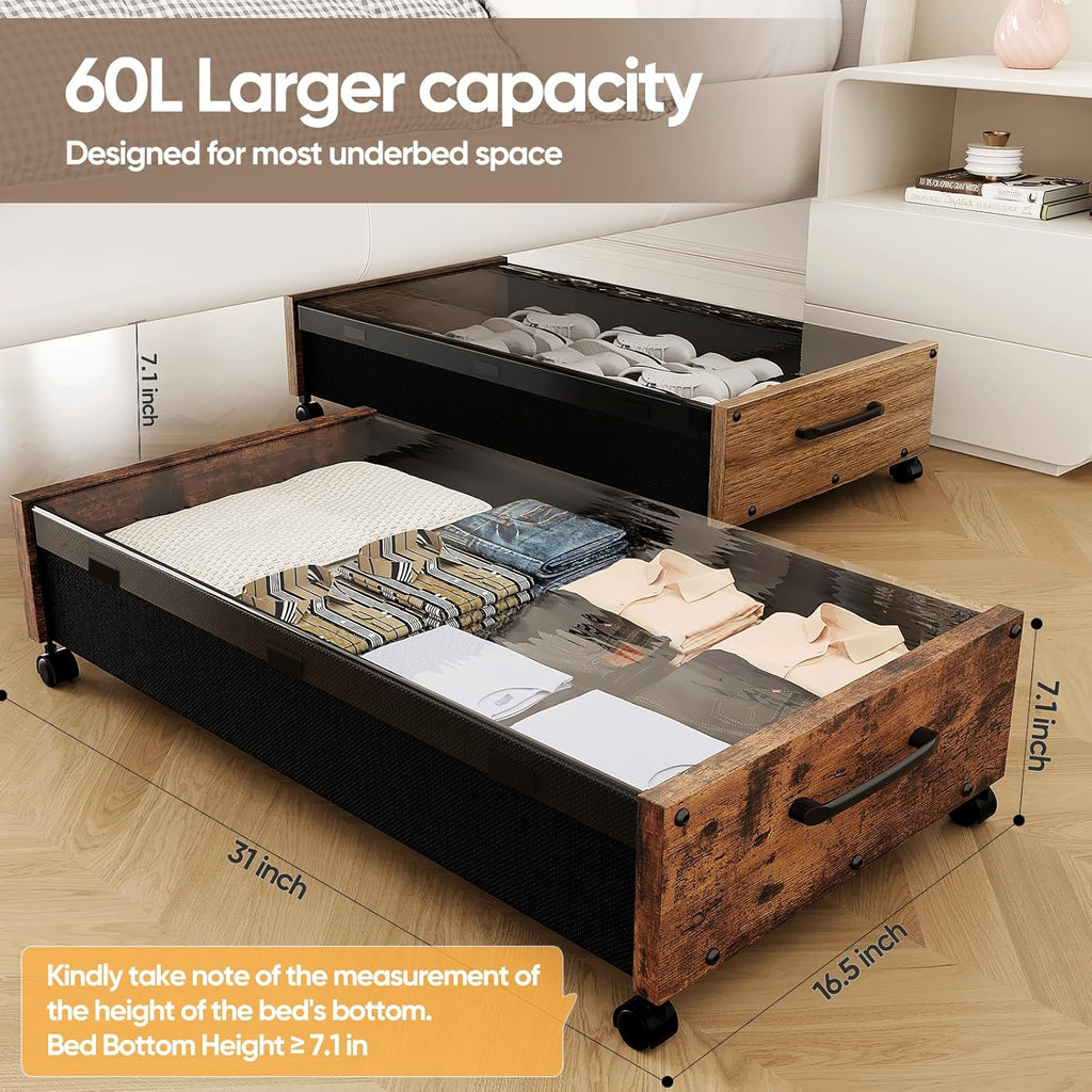 Wooden Under Bed Storage with Wheels, Rolling Under the Bed Storage Bins with Removable Lid, Metal Under Bed Drawers for Clothes and Shoes in Bedroom or Living Room(Walnut Brown-1pack)