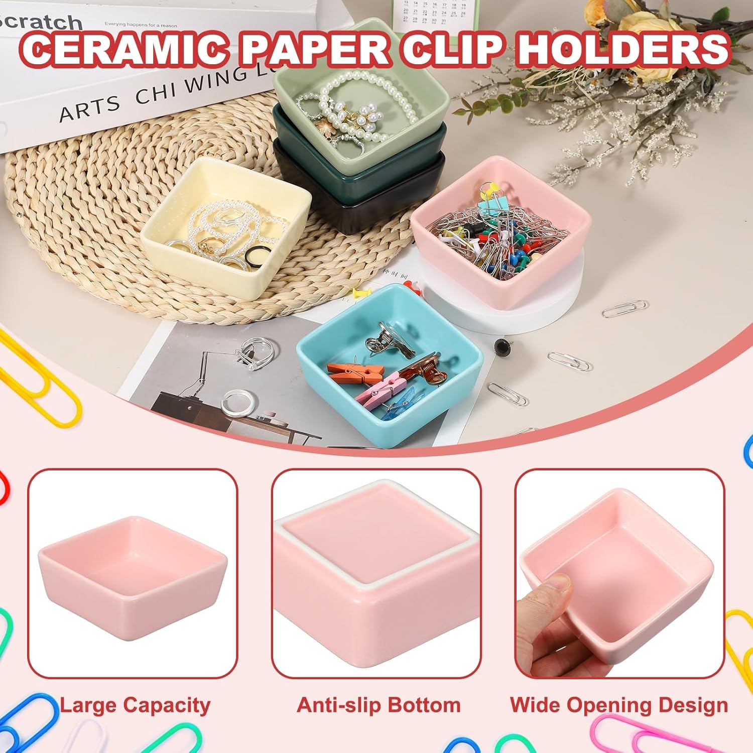 PATIKIL Square Paper Clip Holders, Ceramic Bowl Dish Clip Dispenser Organizer Desk Organizer Accessories for Office Desktop Decor Bobby Pin Binder Paper Clamp, Pink