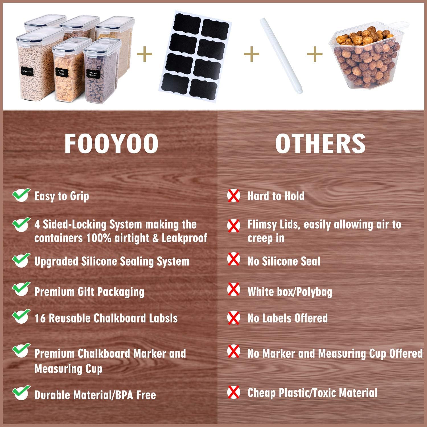 Cereal Containers Storage Set - 6 Piece Airtight Large Dry Cereal Storage Containers(4 * 4L+2 * 2.5L), BPA Free Dispenser Plastic Cereal Storage Containers with 16 Labels & Pen