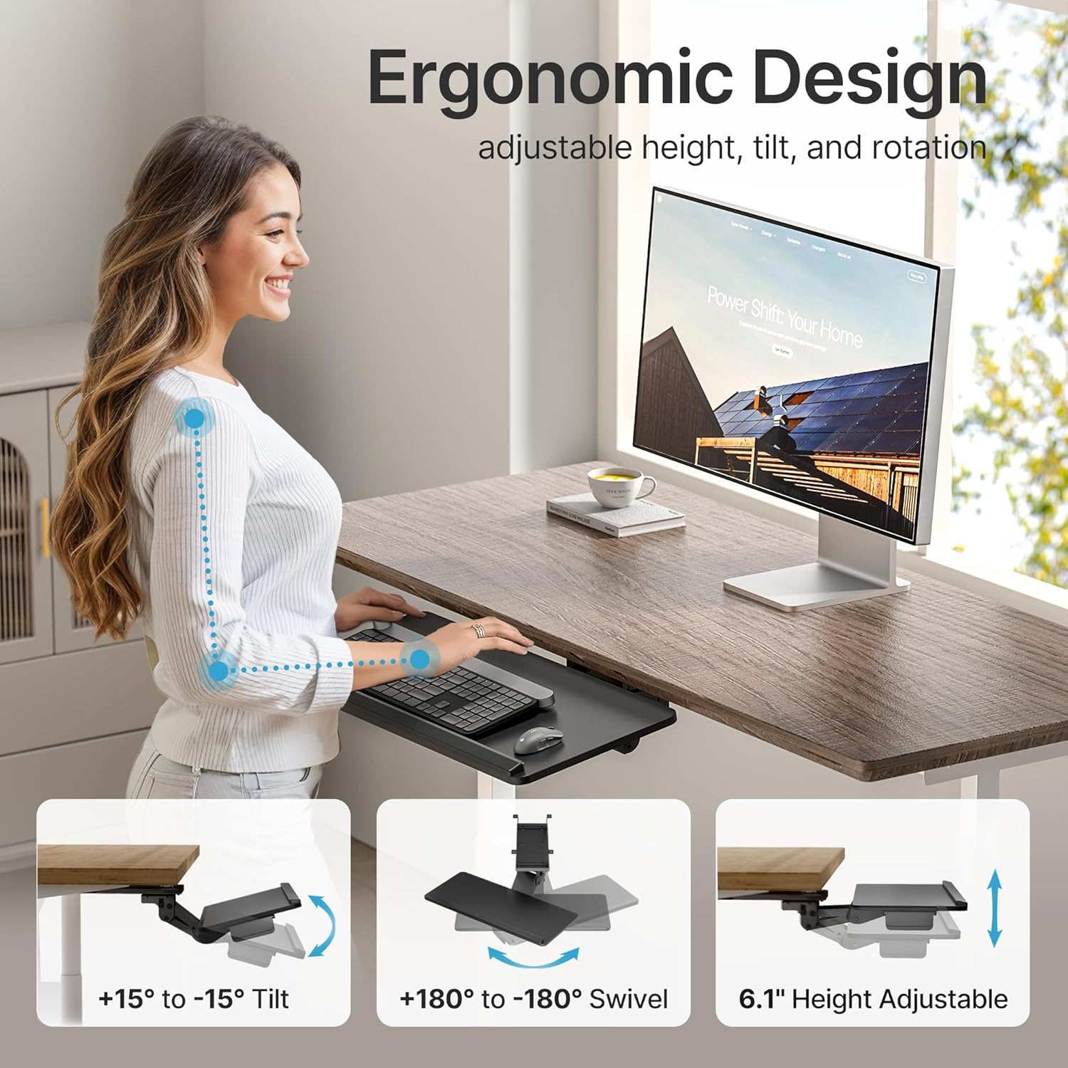 Keyboard Tray Under Desk with Storage Drawer, Height Adjustable Keyboard Tray Slide Out Swivel Tilt, Ergonomic Under Desk Mount Keyboard & Mouse Holder for Gaming Home Office, 25x11'', Black