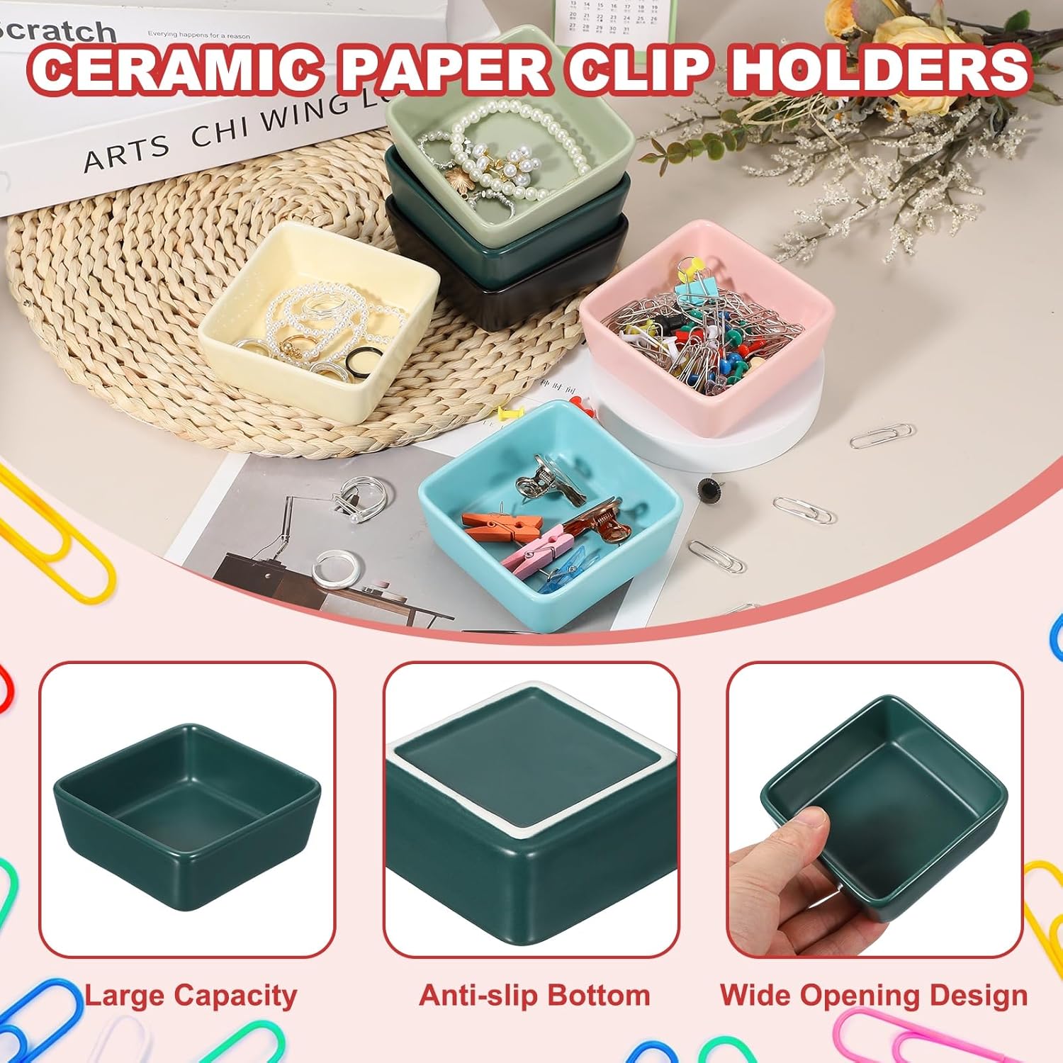 PATIKIL Square Paper Clip Holders, Ceramic Bowl Dish Clip Dispenser Organizer Desk Organizer Accessories for Office Desktop Decor Bobby Pin Binder Paper Clamp, Dark Green