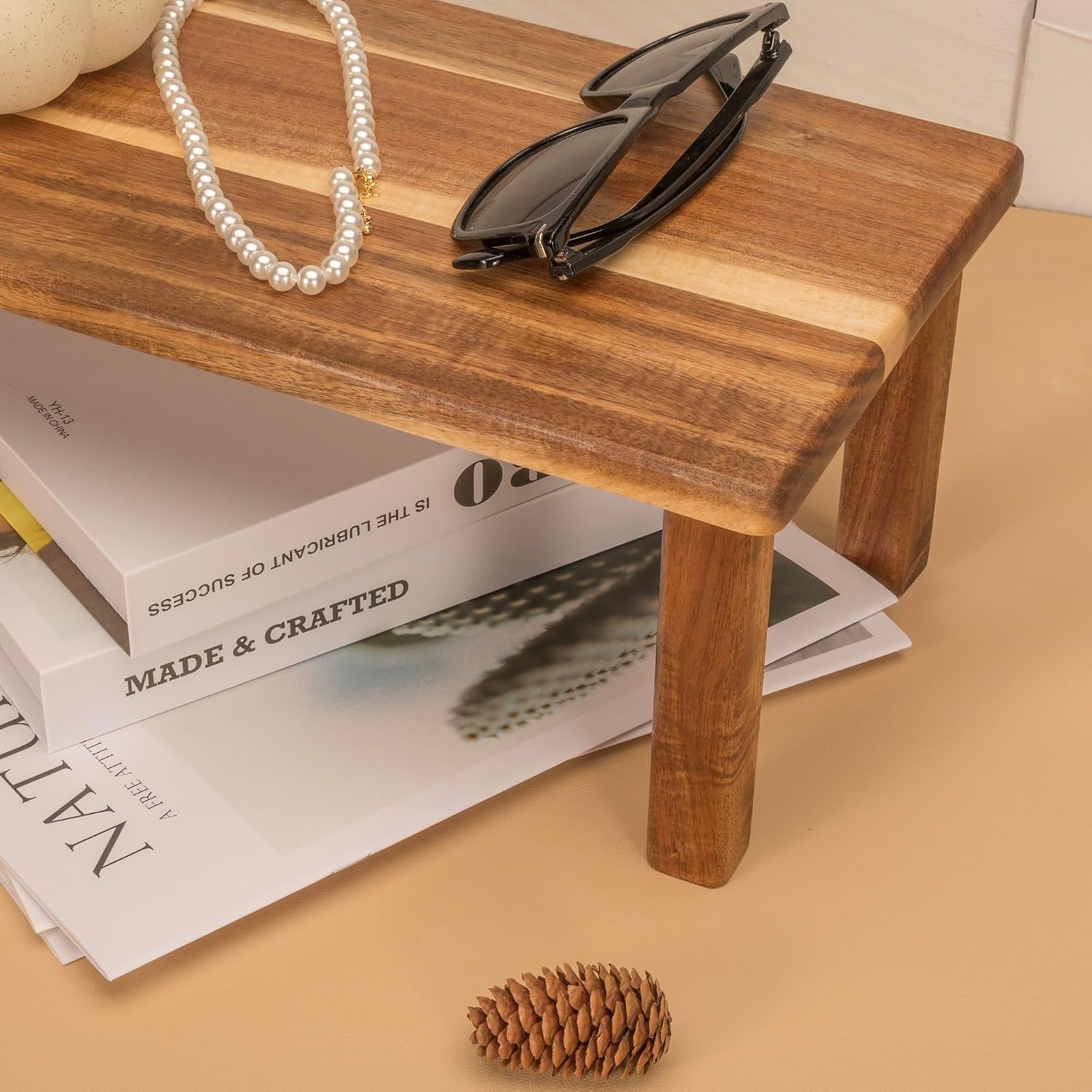 Acacia Wooden Desktop Organizer Shelf Kitchen Cabinet and Counter Riser Display Shelf for Top of Desk Home Office Bathroom Coffee Table Display Stand