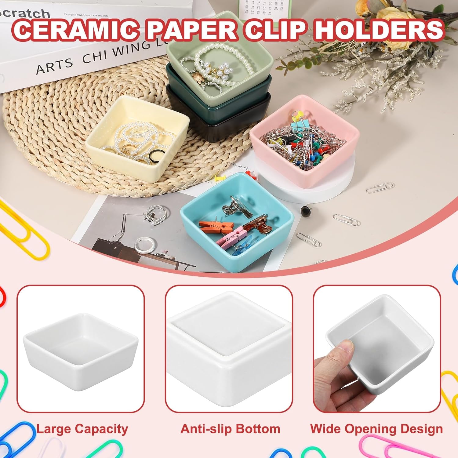 PATIKIL Square Paper Clip Holders, Ceramic Bowl Dish Clip Dispenser Organizer Desk Organizer Accessories for Office Desktop Decor Bobby Pin Binder Paper Clamp, White