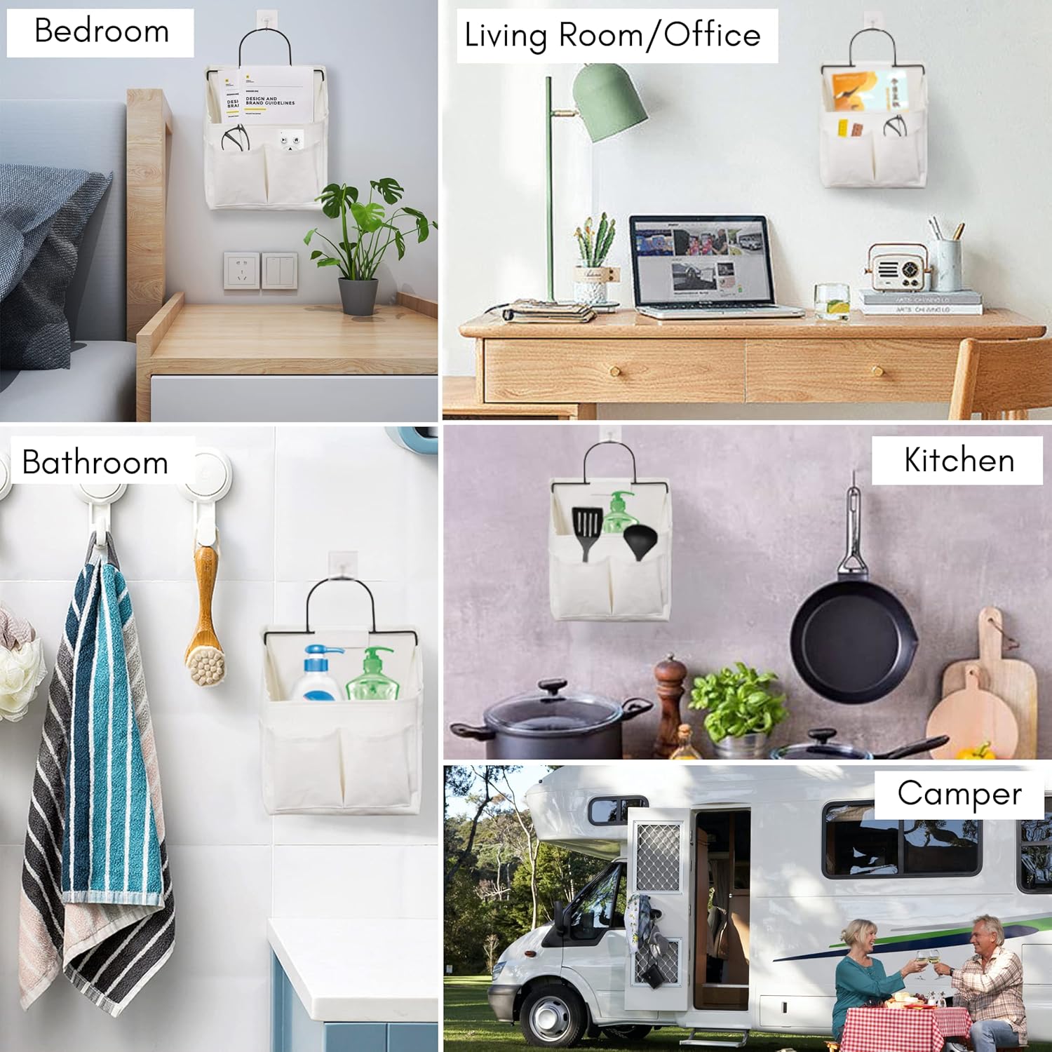 2pcs Small Wall Hanging Organizer Bag, Linen Fabric Door Hanging Storage Basket with Pockets, Waterproof Bin for Kitchen, Bedroom, Office, RV Camper (White)