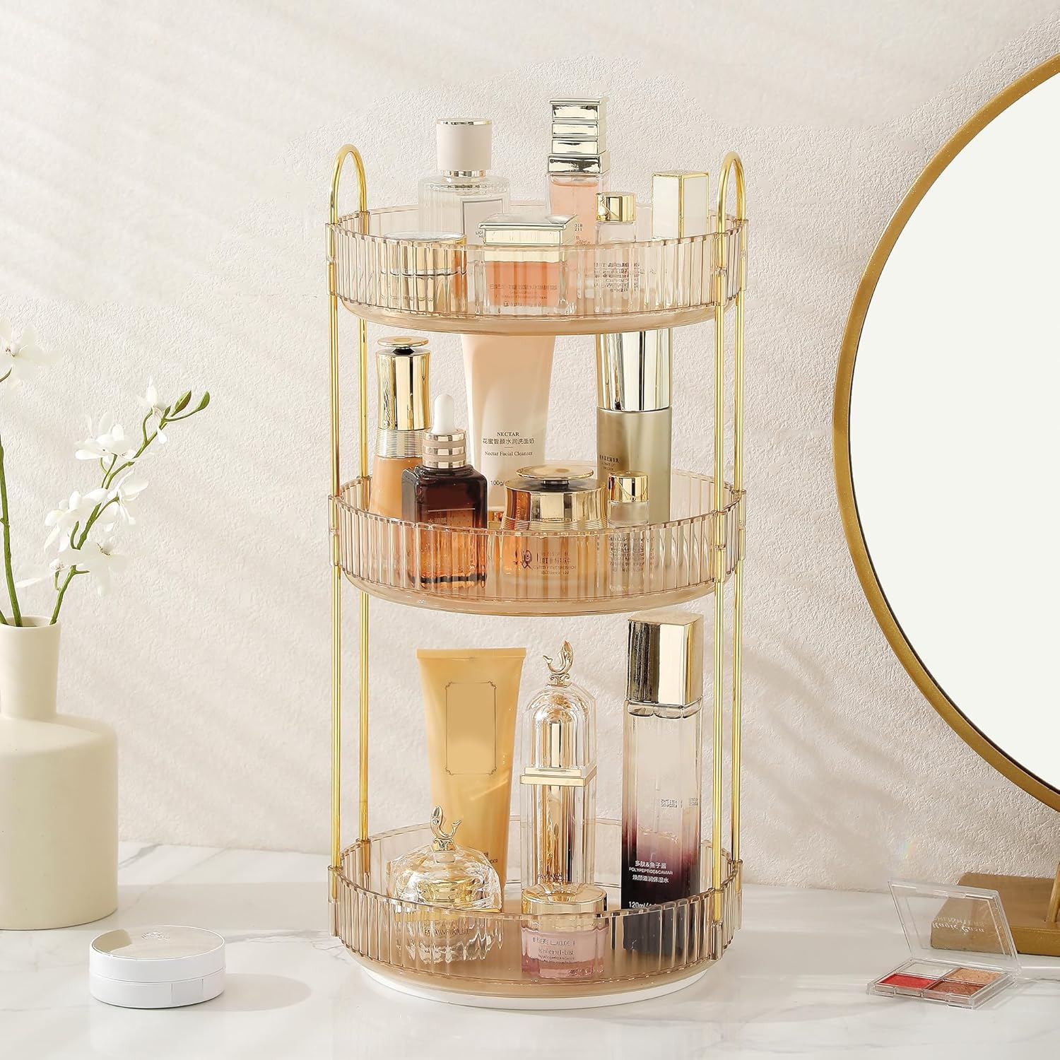 Aveniee Rotating Makeup Organizer for Vanity, 3 Tier Perfume Skincare Organizers and Storage for Bathroom Countertop, Clear Spinning Counter Shelf Cosmetic Holder for Dresser,Gold