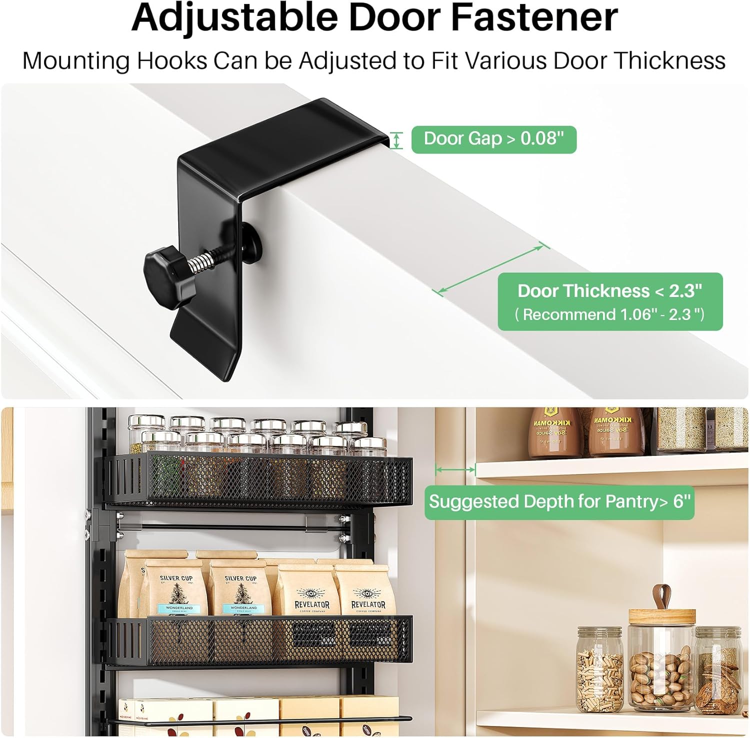 SNTD Over the Door Pantry Organizer - 8 Tier Adjustable Pantry Door Spice Organizer, Large Capacity Hanging Door Spice Rack for Kitchen Pantry Organizers and Storage (Black, 12.3" W x 4.7" D x 69" H)