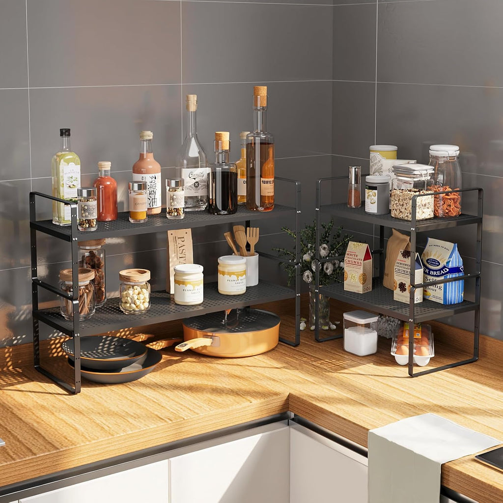 Hole Pattern Expandable Shelf Organizer,1Pack 8.1" Wide Easy to Assemble Cabinet Organizer Shelf, 16.5~27.1" Adjustable Height&Stackable Spice Organization for Cupboard, Black