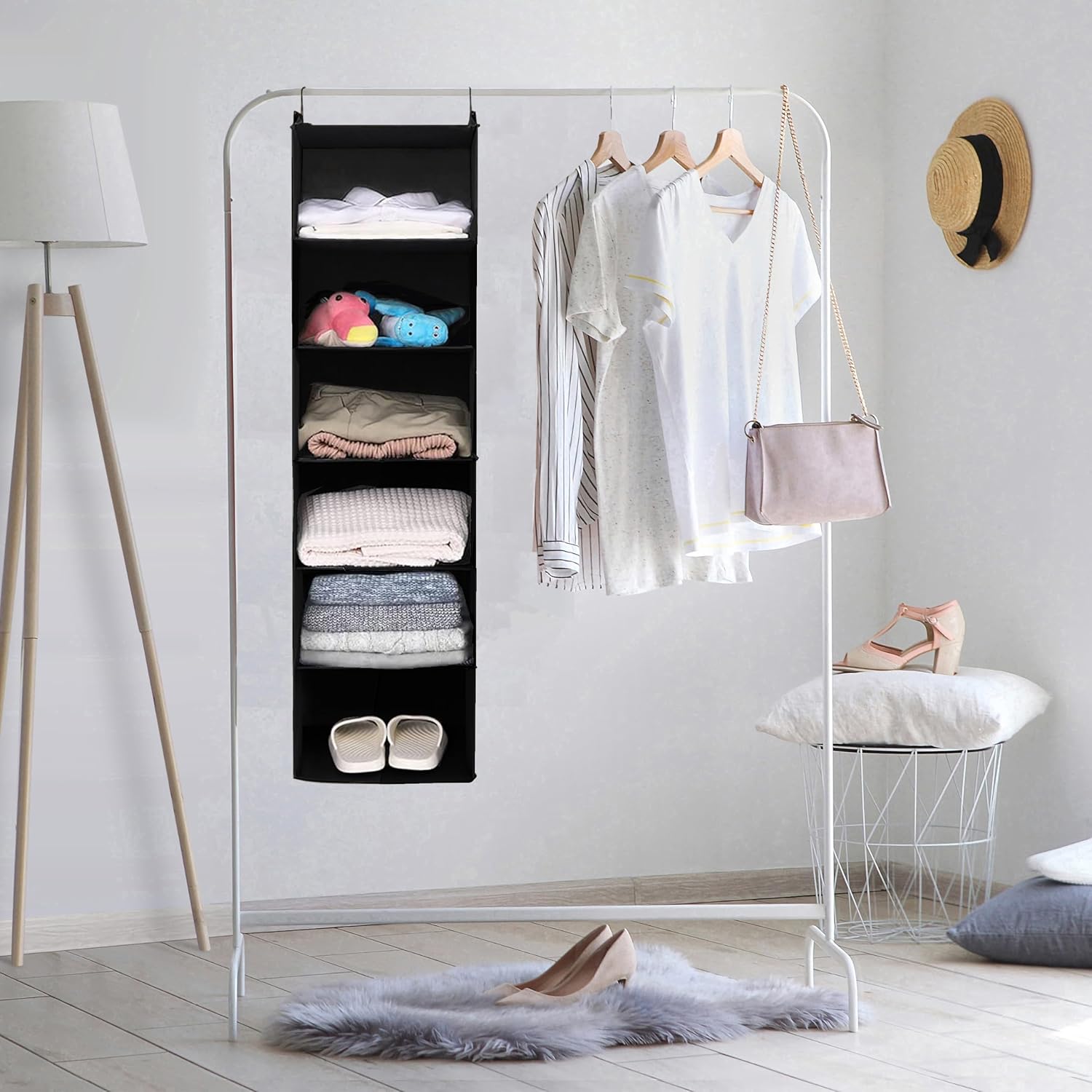MAX Houser 6 Tier Shelf Hanging Closet Organizer, Closet Hanging Shelf with 2 Sturdy Hooks for Storage, Foldable (Black)