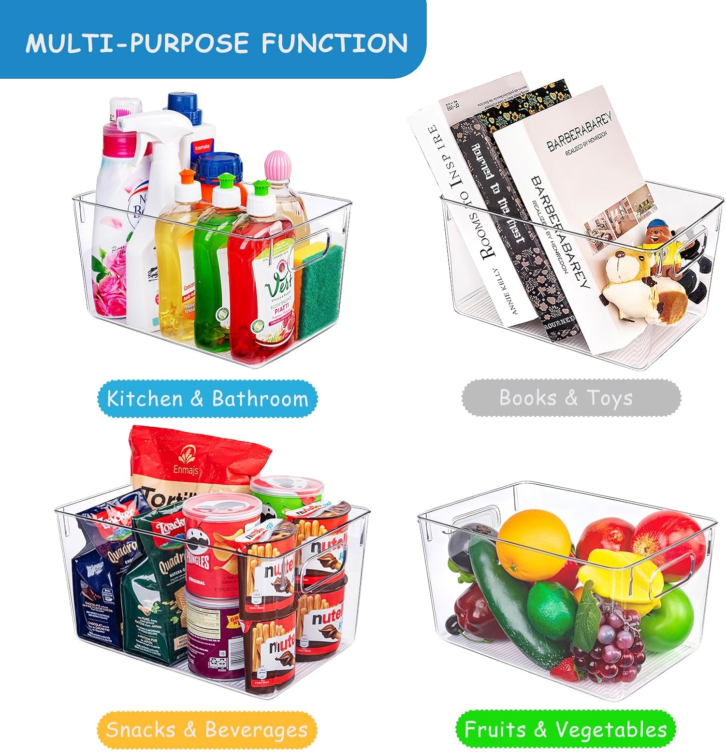 Clear Plastic Storage Bins-8 Pcs Pantry Organizers and Storage Containers with 4 Large (11"x8"x6") and 4 Small Snack Containers, Home Organization for Bathroom, Kitchen, Closet and Office