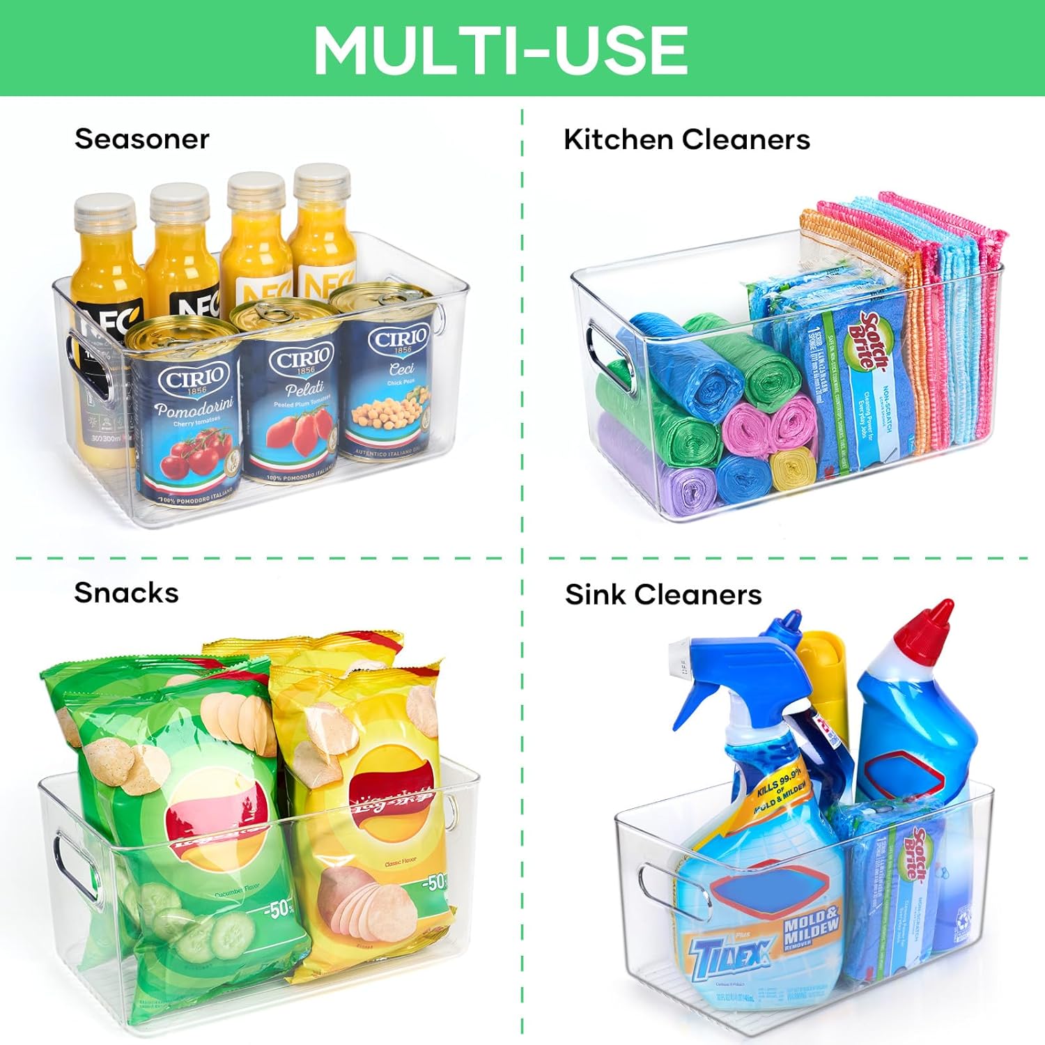 4 Pack Clear Plastic Storage Bins, 11" Large Pantry Organizer Bins with Handles, Plastic Containers for Refrigerator,BPA-Free Perfect for Kitchen,Fridge,Cabinet,Pantry,Bathroom,Closet Organization