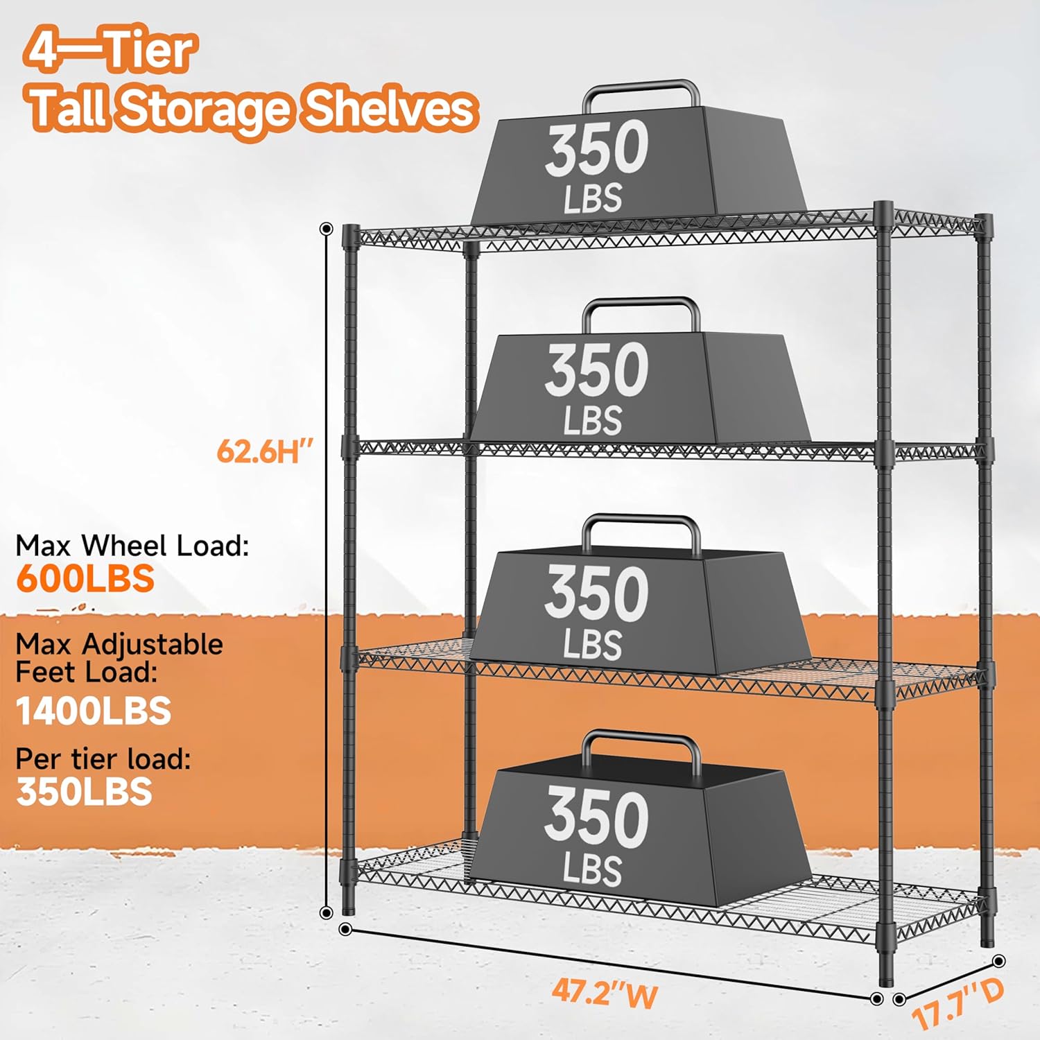 4 Tiers Storage Shelves Load 1400LBS, Metal Shelving Wire Metal Shelving Unit Shelves for Storage Adjustable Garage Shelving for Pantry Kitchen Garage Black 17.7" D x 47.3" W x 62.7" H