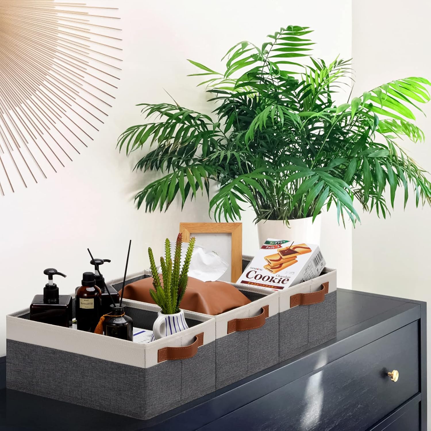 GhvyenntteS Small Fabric Storage Bins 12 Pack, Storage Basket with Leather Handles, Closet Storage Bins for Shelves, Storage Baskets for Shelves, Home, Office (Grey/White, 11.8" x 7.87" x 5.11")