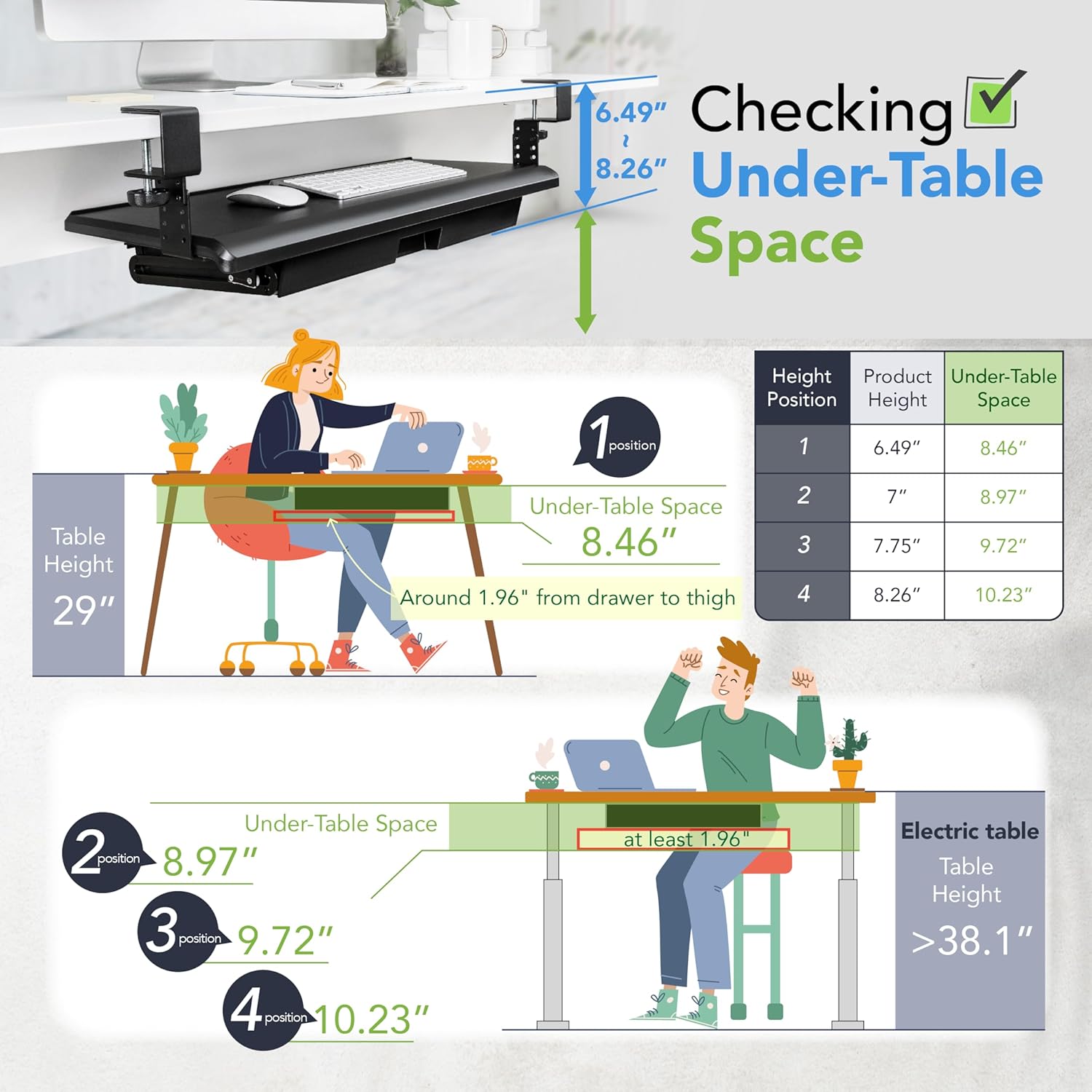 EHO Keyboard Tray with Drawer - Clamp On Under Desk Pull Out Extender Table Attachment Platform with Storage Organizer, Large 27.5" (31.8" Including Clamps) x 12.2", Height Adjustable for Home Office