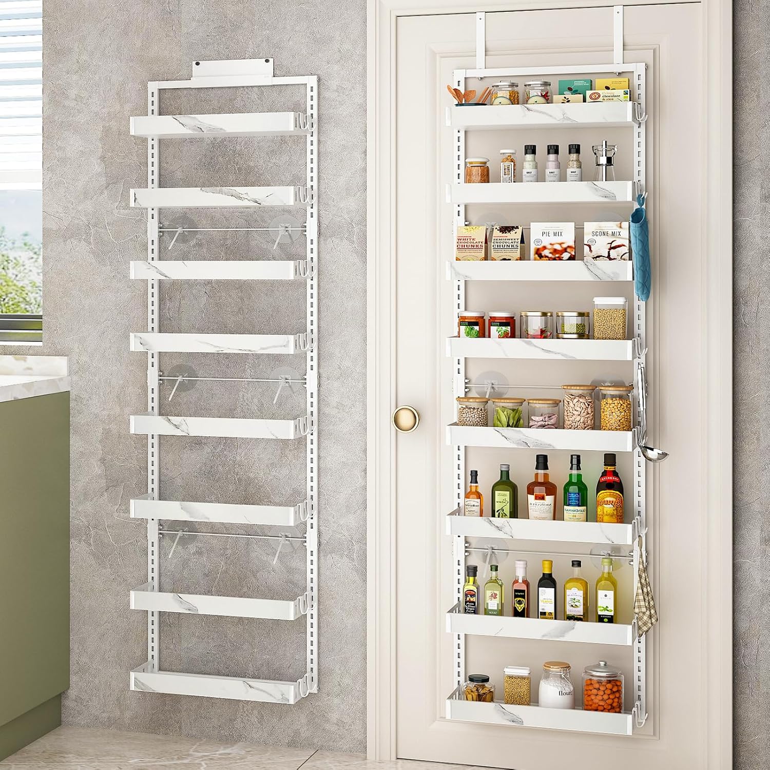 bukfen Over the Door Pantry Organizer,8-Tier Adjustable Basket Kitchen Pantry Door Organization and Storage, Heavy-Duty Metal Hanging Kitchen Spice Rack,D6.3 x W17.32 x H66.93 inch,White Marble Color