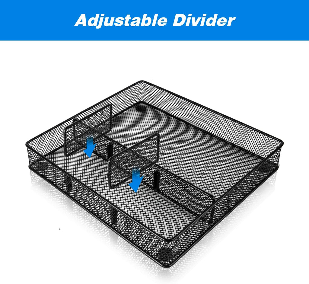 Desk Drawer Organizer Tray, Metal Mesh Drawer Organizers Office, 4 Grid with Adjustable Compartment, Desk Organizer Tray for Home Office 12x10.6x1.9 inch Black, 2 Pack