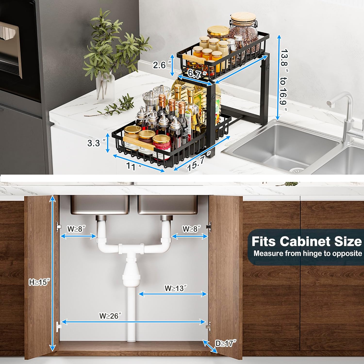 Under Sink Organizers, 2 Tier Pull Out Under Cabinet Organizer，Height Adjustable Pull Out Cabinet Drawers, Metal Sliding Drawer for Kitchen Bathroom Pantry Cabinet Closet Organization Rack，1 Pack