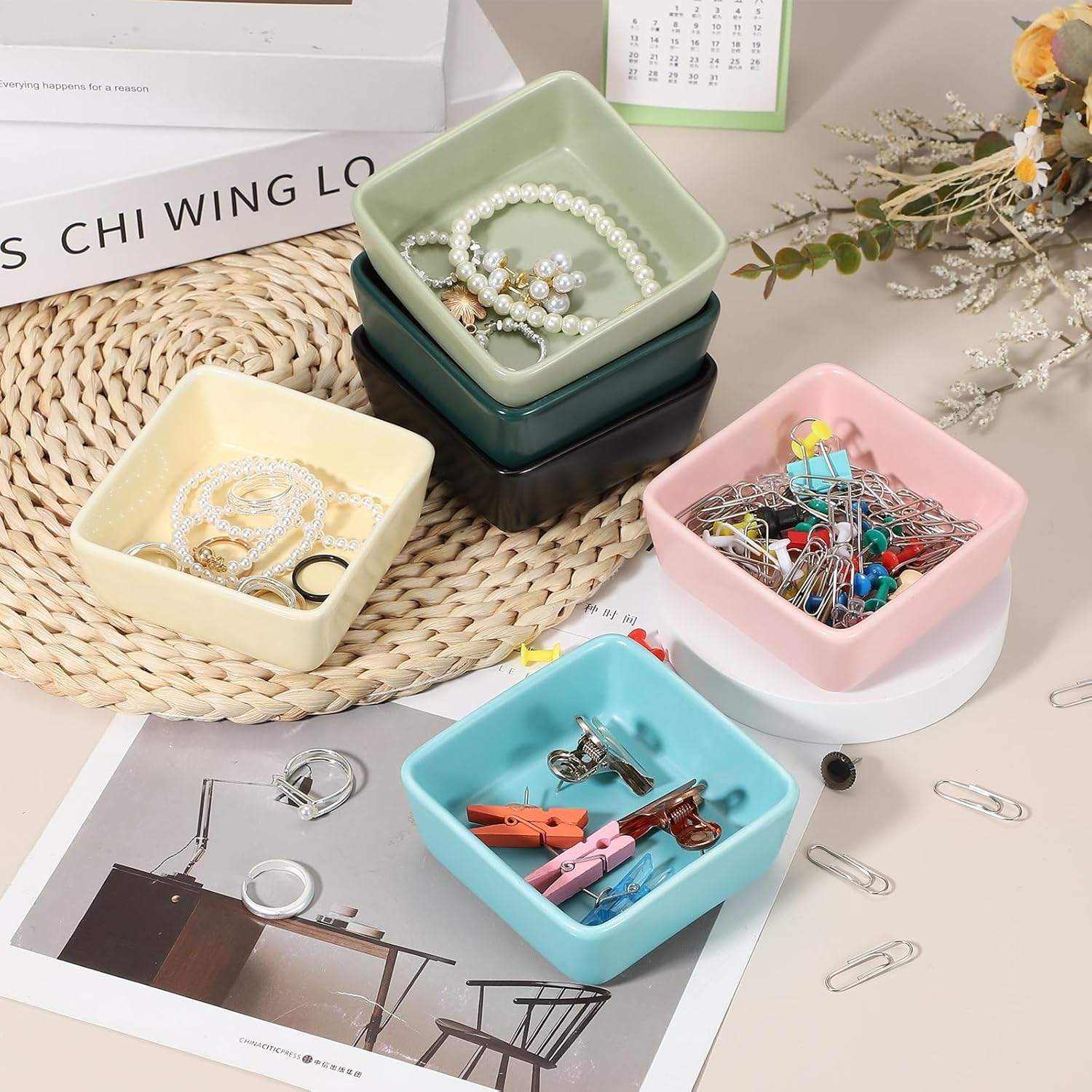 PATIKIL Square Paper Clip Holders, Ceramic Bowl Dish Clip Dispenser Organizer Desk Organizer Accessories for Office Desktop Decor Bobby Pin Binder Paper Clamp, Dark Green