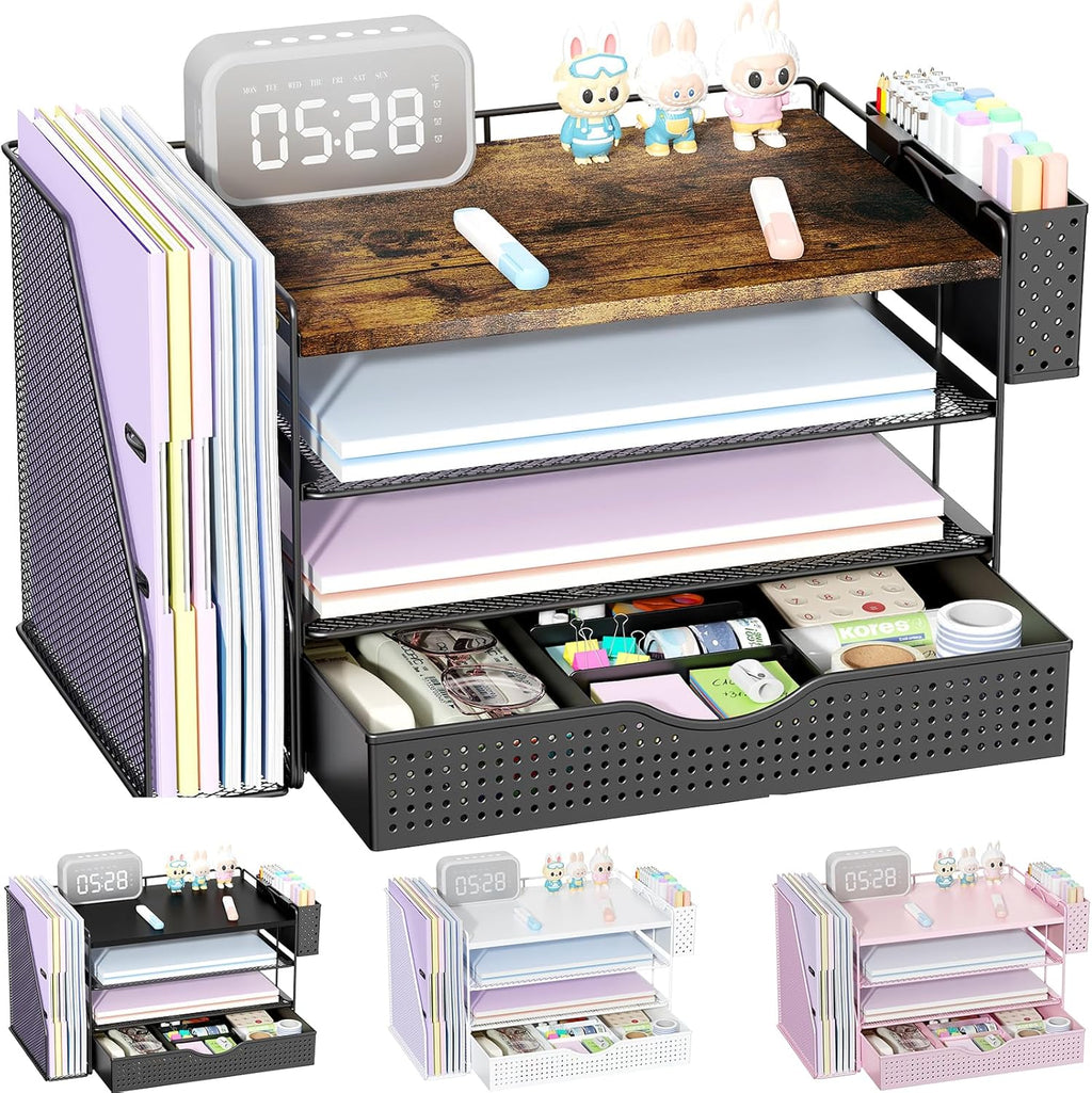 gianotter Wood Desk Organizers and Accessories with File Holder, 4-Tier Desk Accessories & Workspace Organizers with Drawer and Pen Holder, Paper Organizer for Office Supplies (Wood)