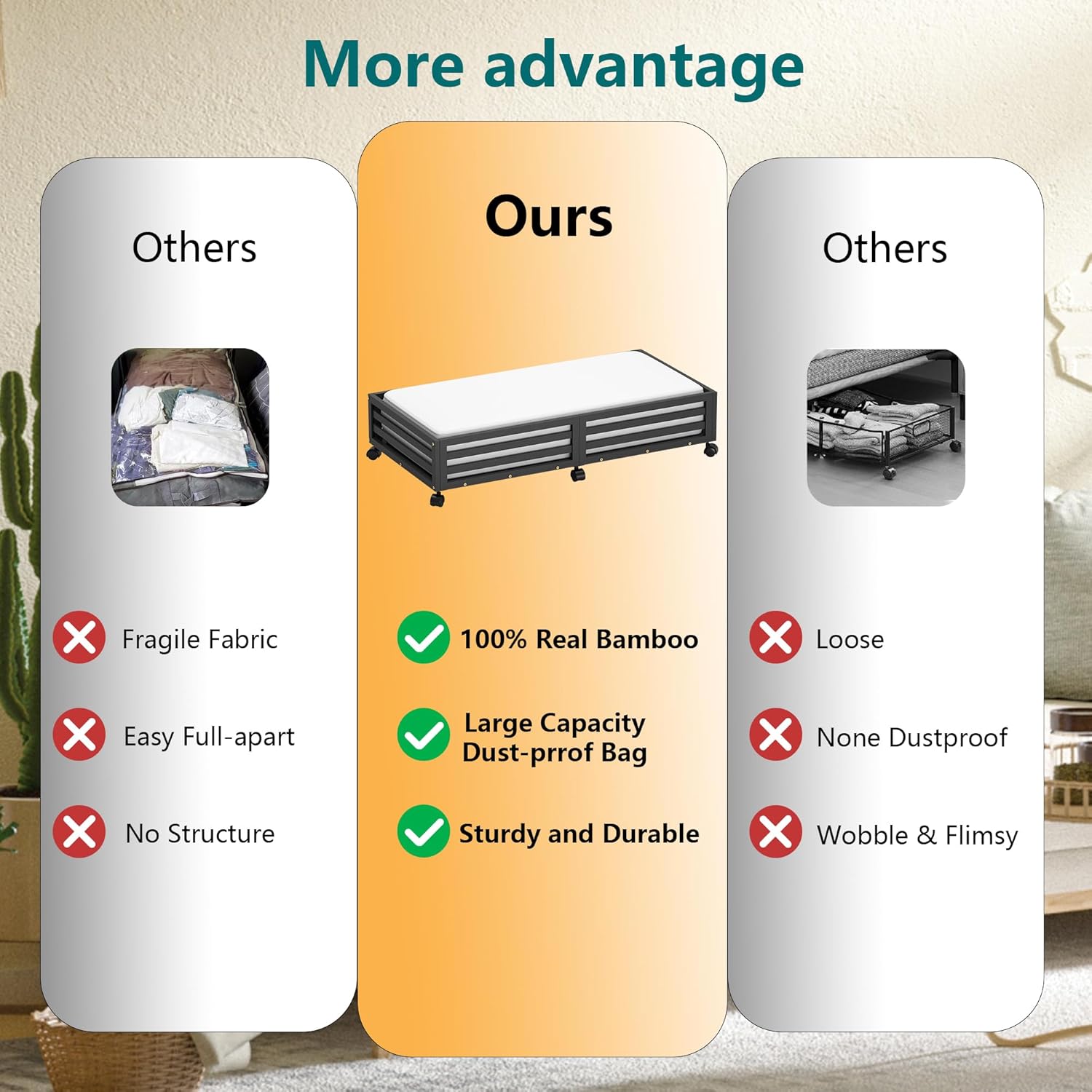 Bamboo Under Bed Storage Containers- Underbed Organizer with Wheels with Large Dust Bag,Sturdy Wood Rolling Under the Bed Shoe Storage Organizer Drawer 2 Packs (Black, Long)