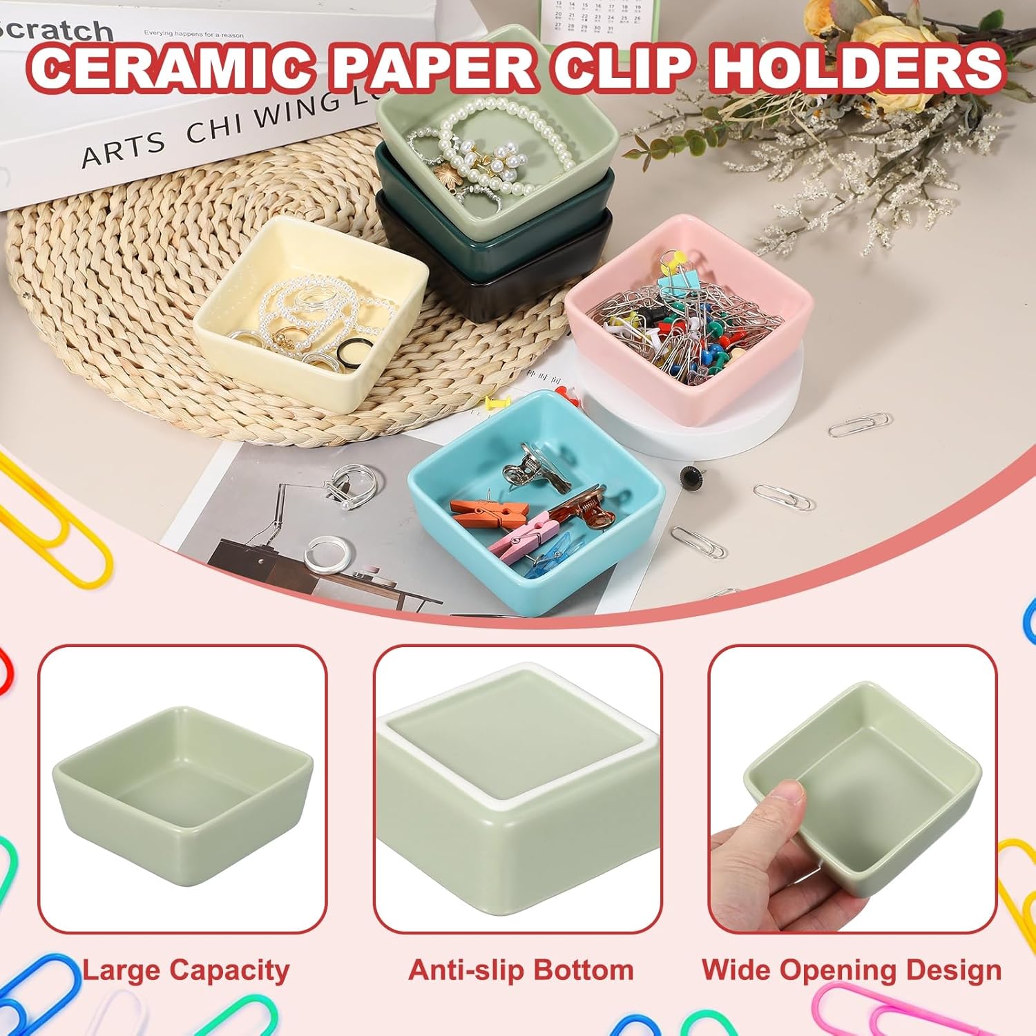 PATIKIL Square Paper Clip Holders, Ceramic Bowl Dish Clip Dispenser Organizer Desk Organizer Accessories for Office Desktop Decor Bobby Pin Binder Paper Clamp, Matcha Green