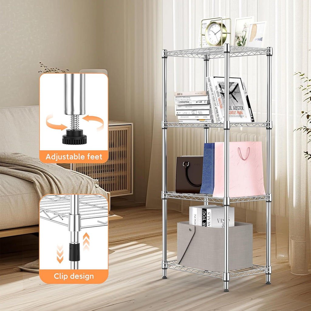4 Tiers Shelf Metal Storage Shelves Wire Rack Closet Organizers with Wheel for Garage Kitchen Bathroom Laundry Chrome 11.8" D x 17.7" W x 41.9" H