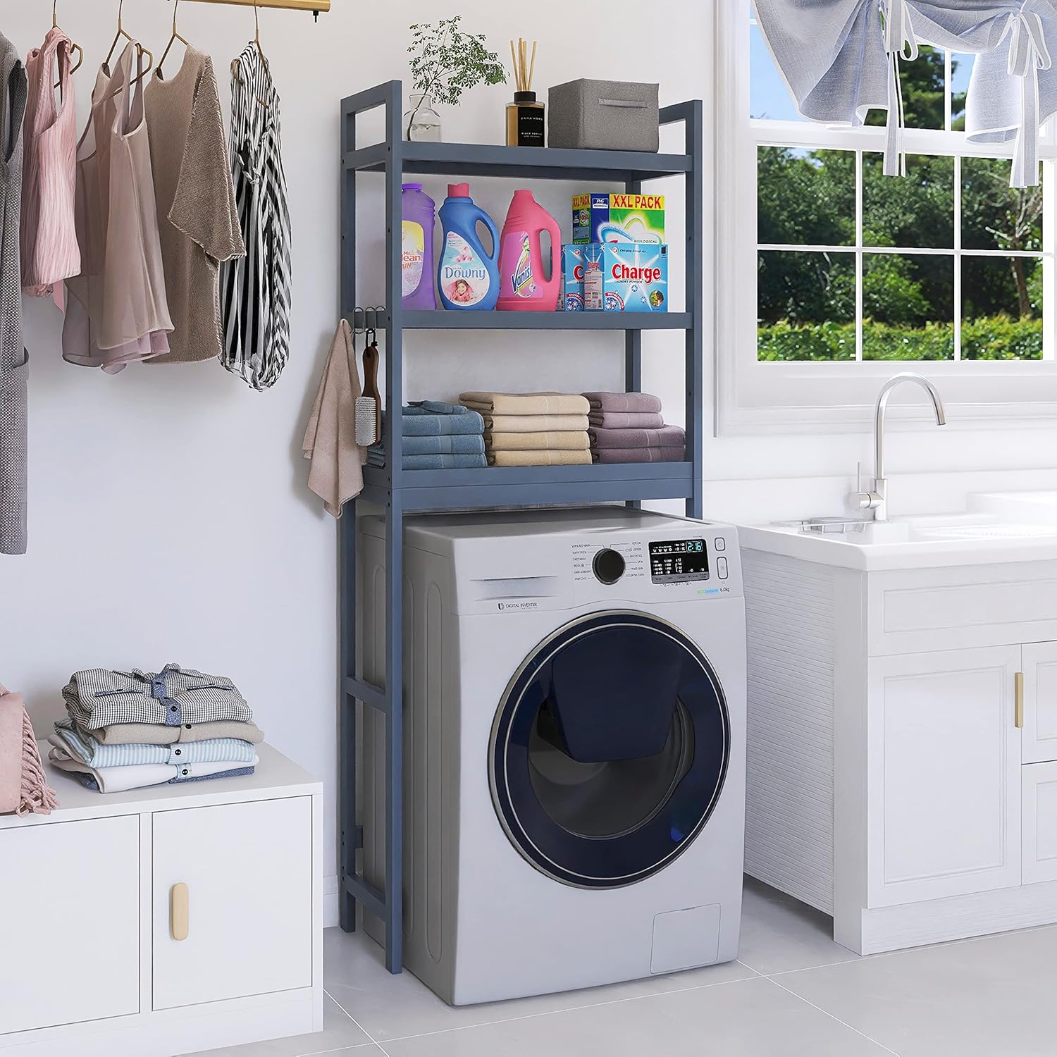 SMIBUY Bathroom Storage Shelf, Bamboo Over-The-Toilet Organizer Rack, Freestanding Toilet Space Saver with 3-Tier Adjustable Shelves (Grey)